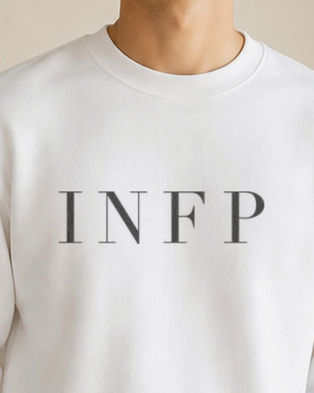 The Typese INFP Gildan crewneck sweatshirt in white, male front neckline fabric v7