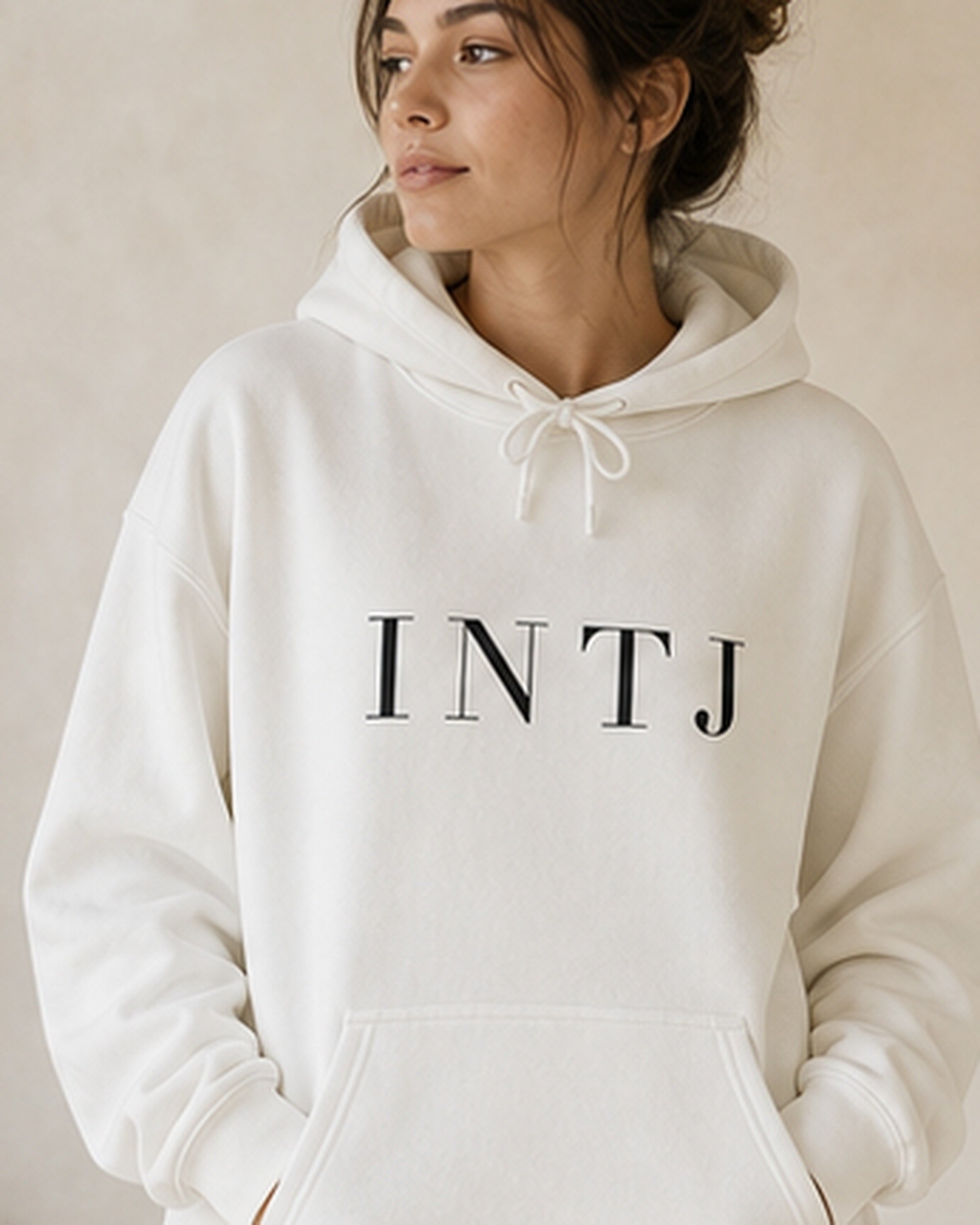 The Typese INTJ Gildan hoodie in white, female front detail