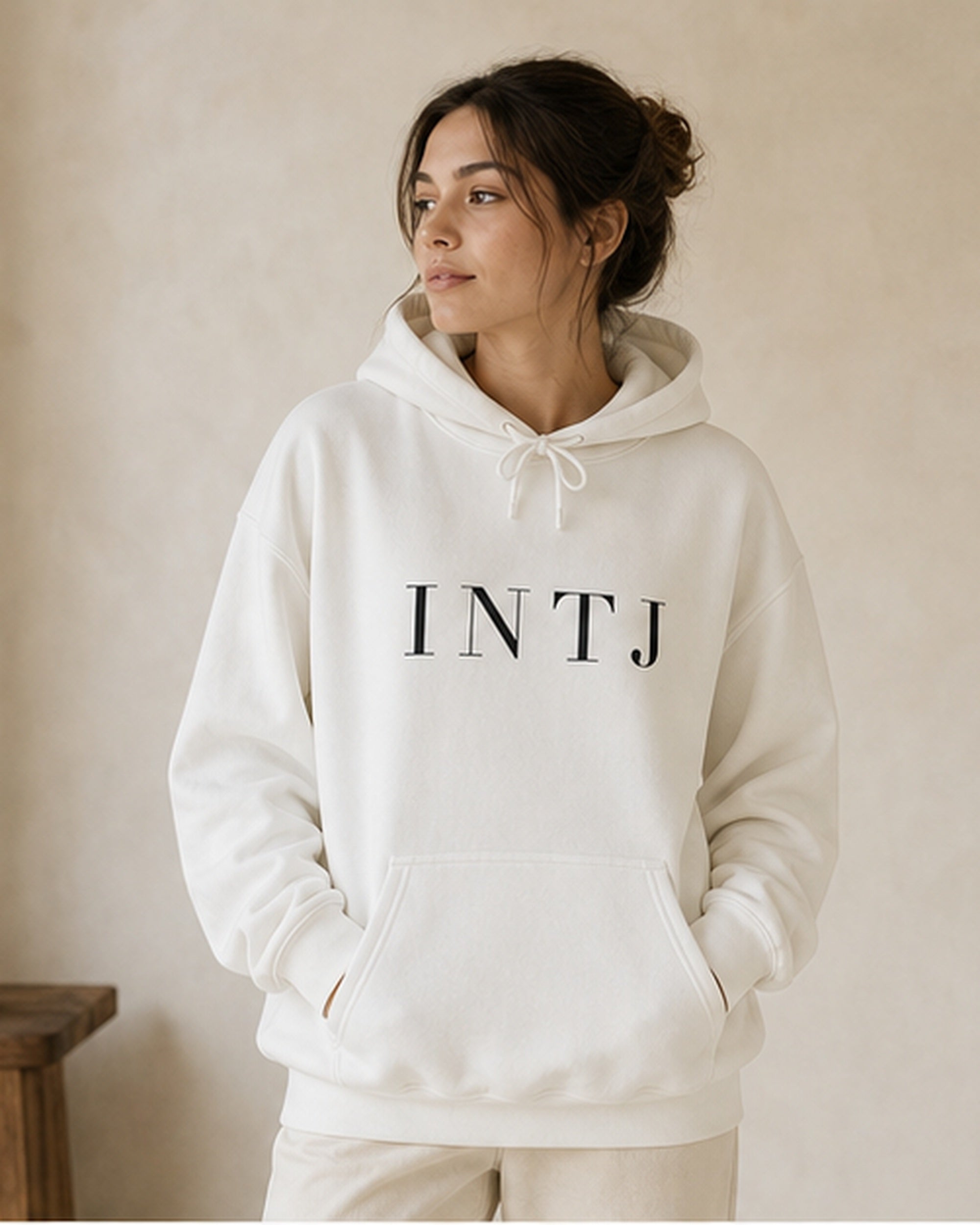 The Typese INTJ Gildan hoodie in white, female front