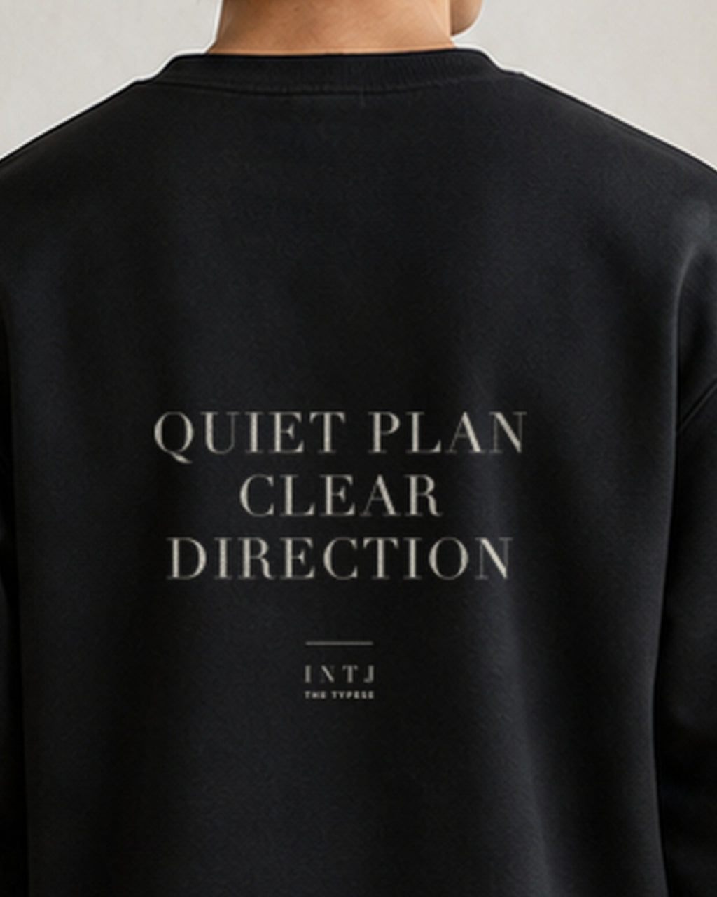 The Typese INTJ Gildan crewneck sweatshirt in black, male back neckline print