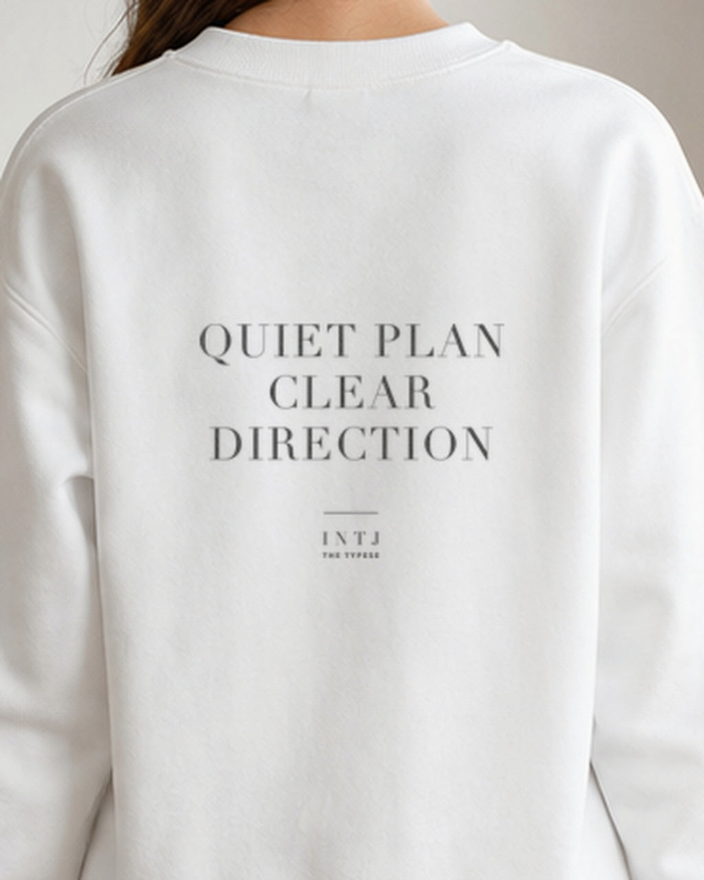 The Typese INTJ Gildan crewneck sweatshirt in white, female back detail v7