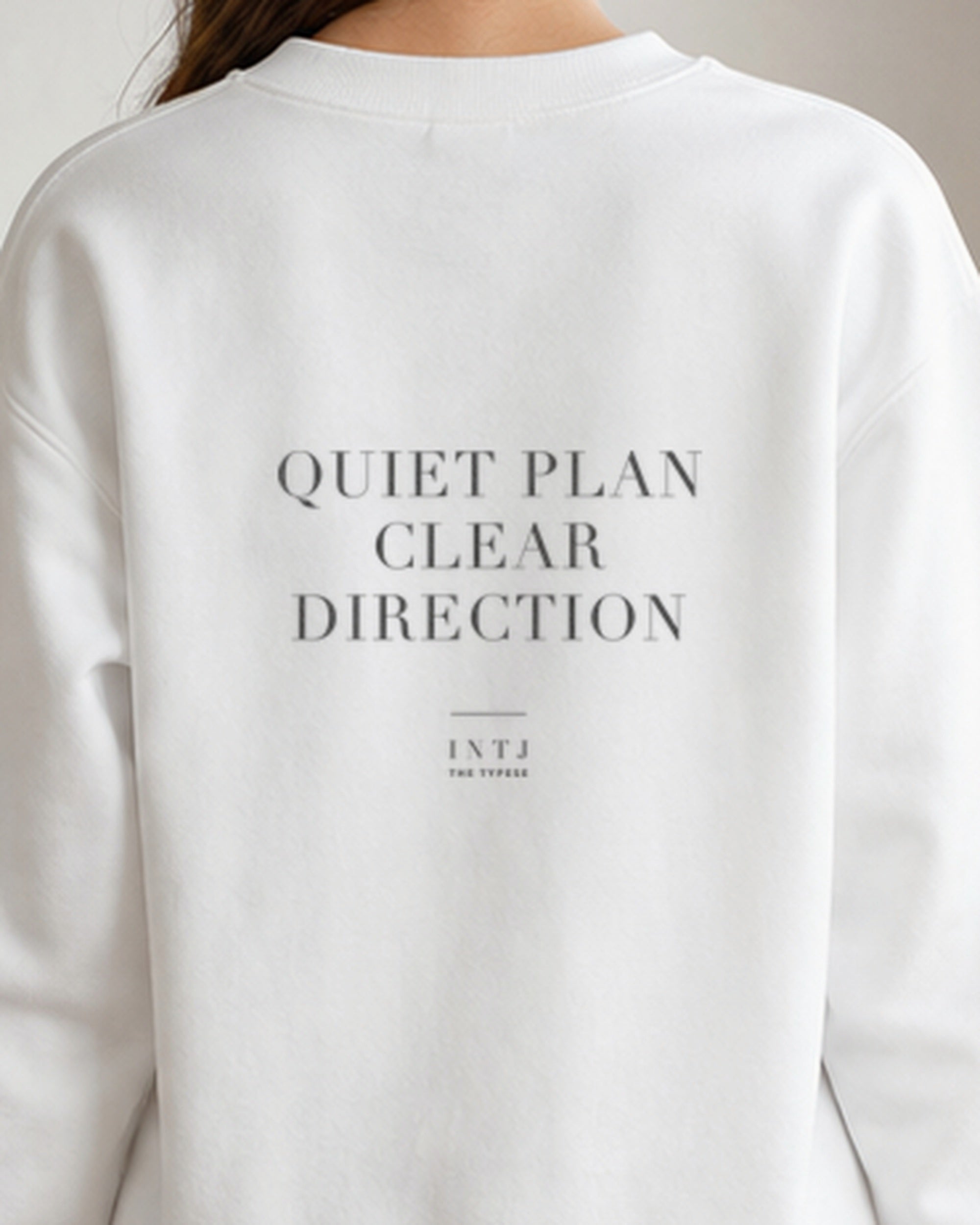 The Typese INTJ Gildan crewneck sweatshirt in white, female back detail v7