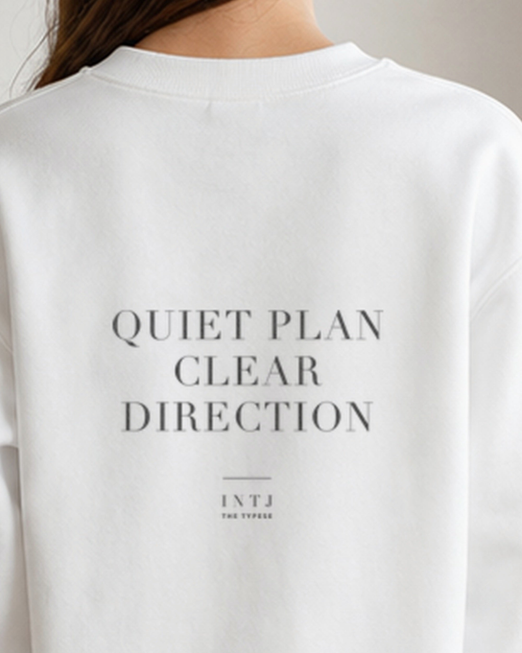 The Typese INTJ Gildan crewneck sweatshirt in white, female back neckline print v7