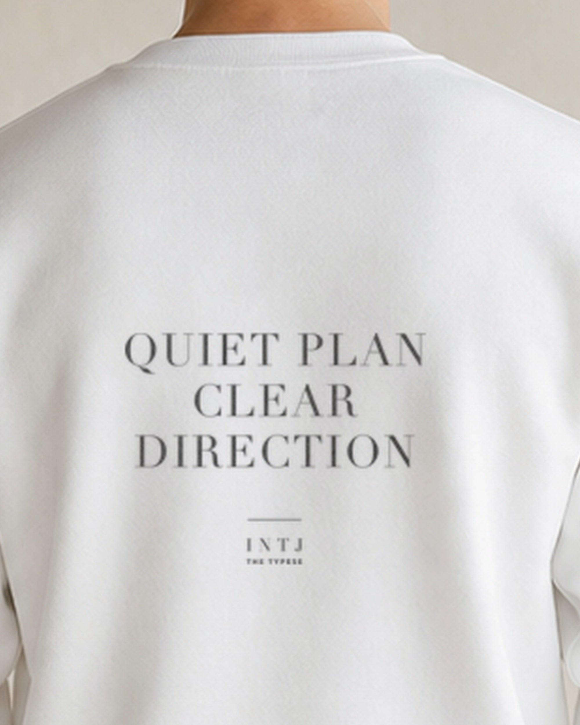 The Typese INTJ Gildan crewneck sweatshirt in white, male back neckline print v7