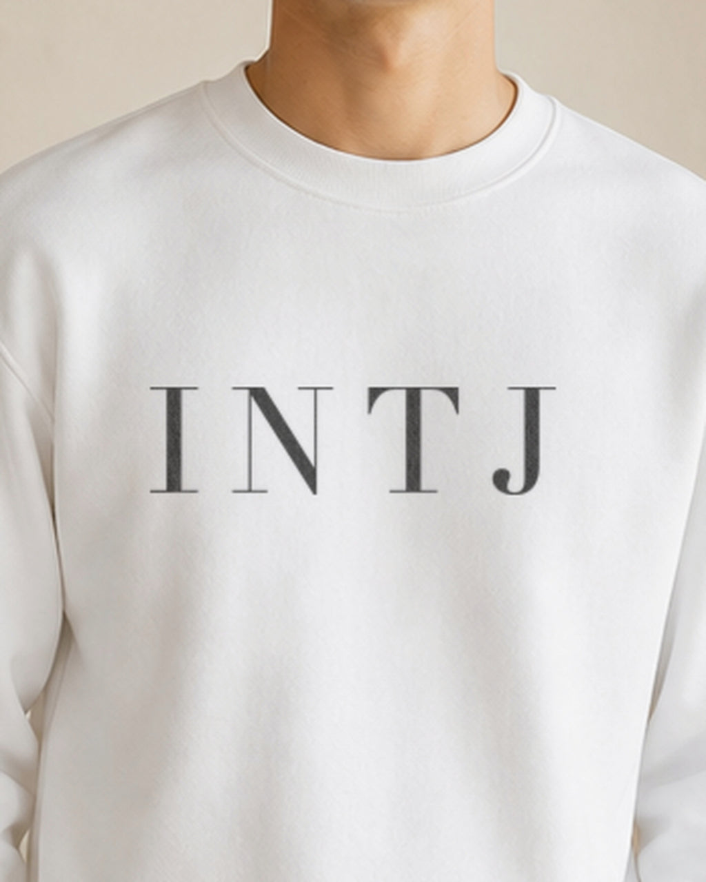 The Typese INTJ Gildan crewneck sweatshirt in white, male front detail v7