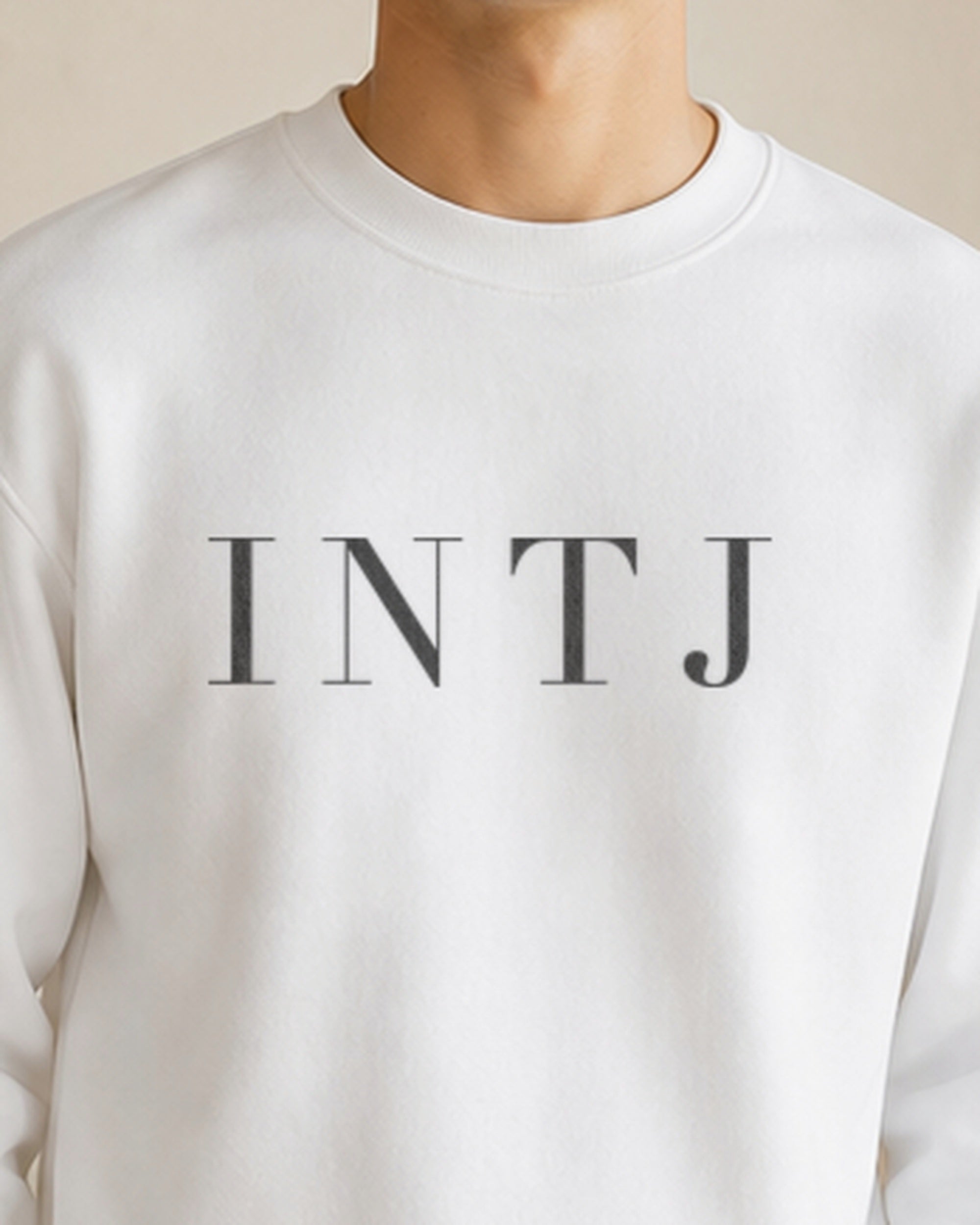 The Typese INTJ Gildan crewneck sweatshirt in white, male front detail v7