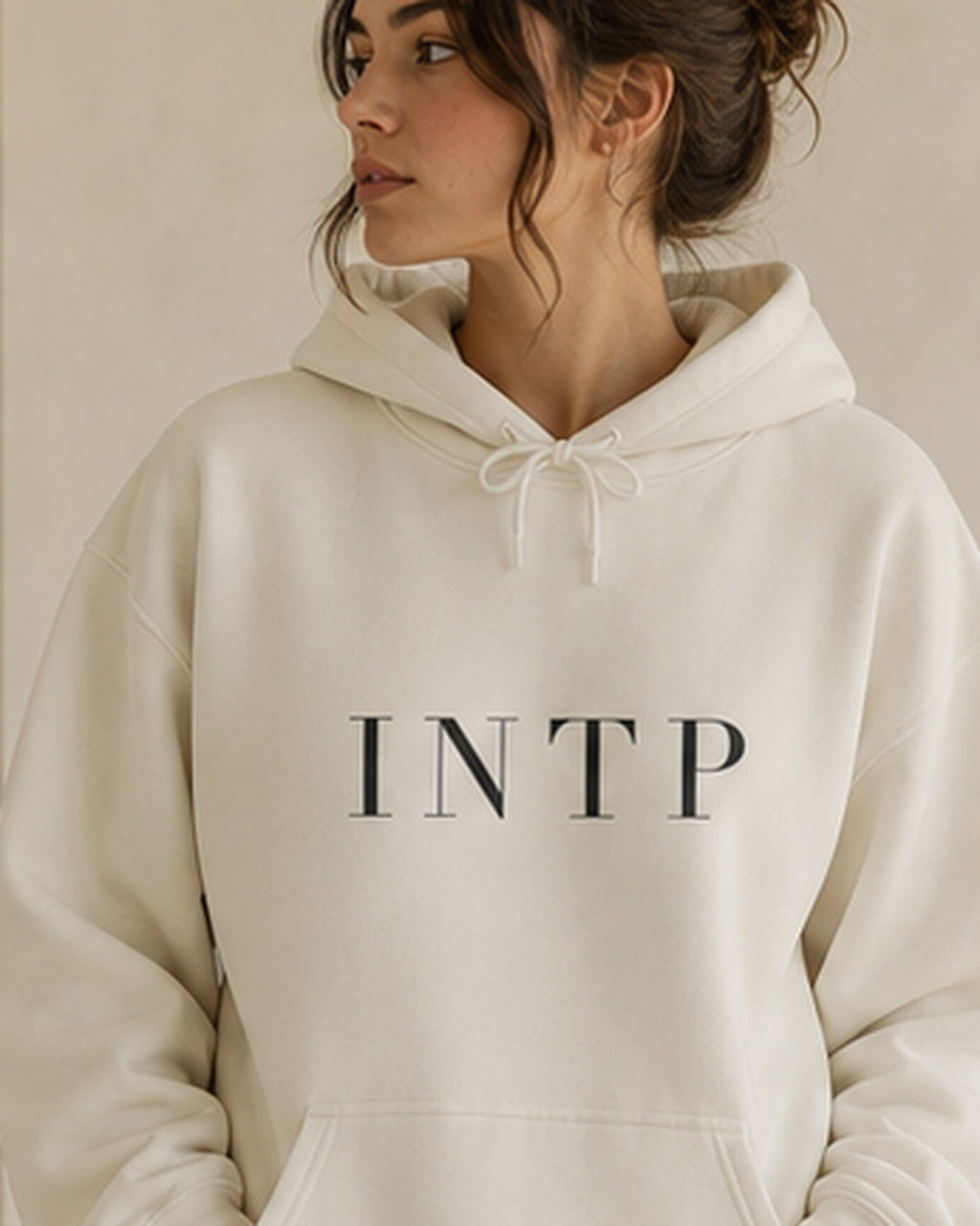 The Typese INTP Gildan hoodie in white, female front detail
