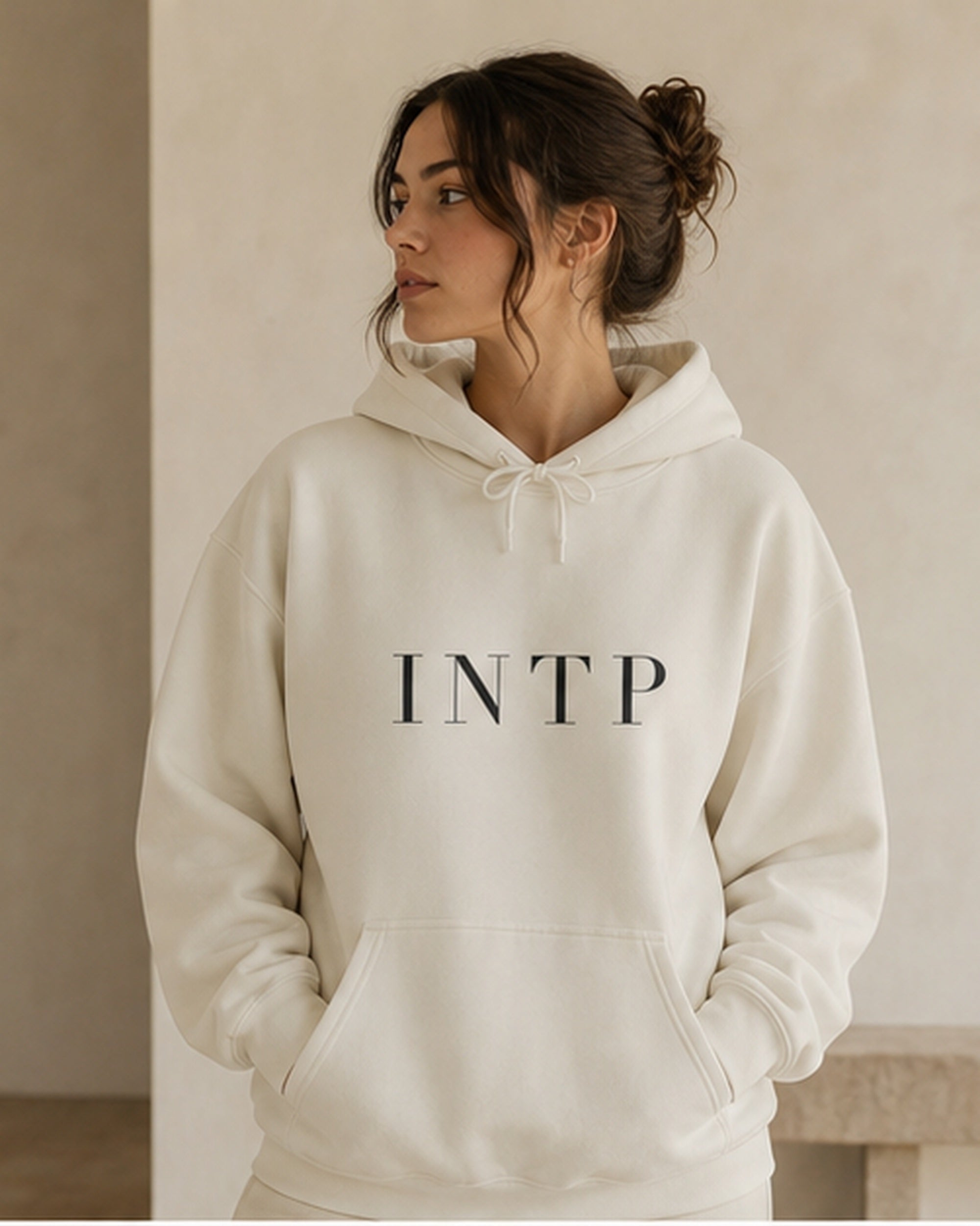 The Typese INTP Gildan hoodie in white, female front