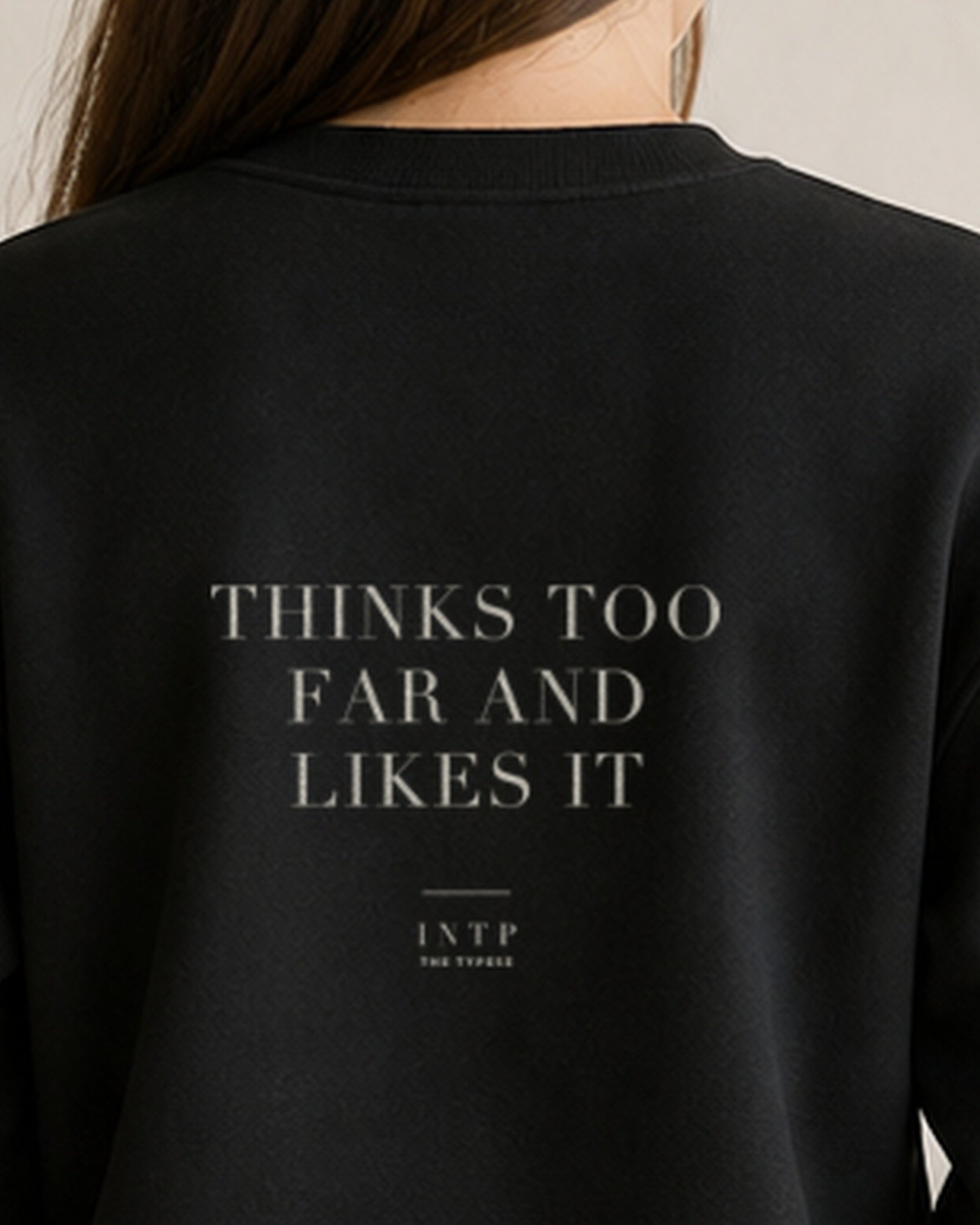The Typese INTP Gildan crewneck sweatshirt in black, female back neckline print