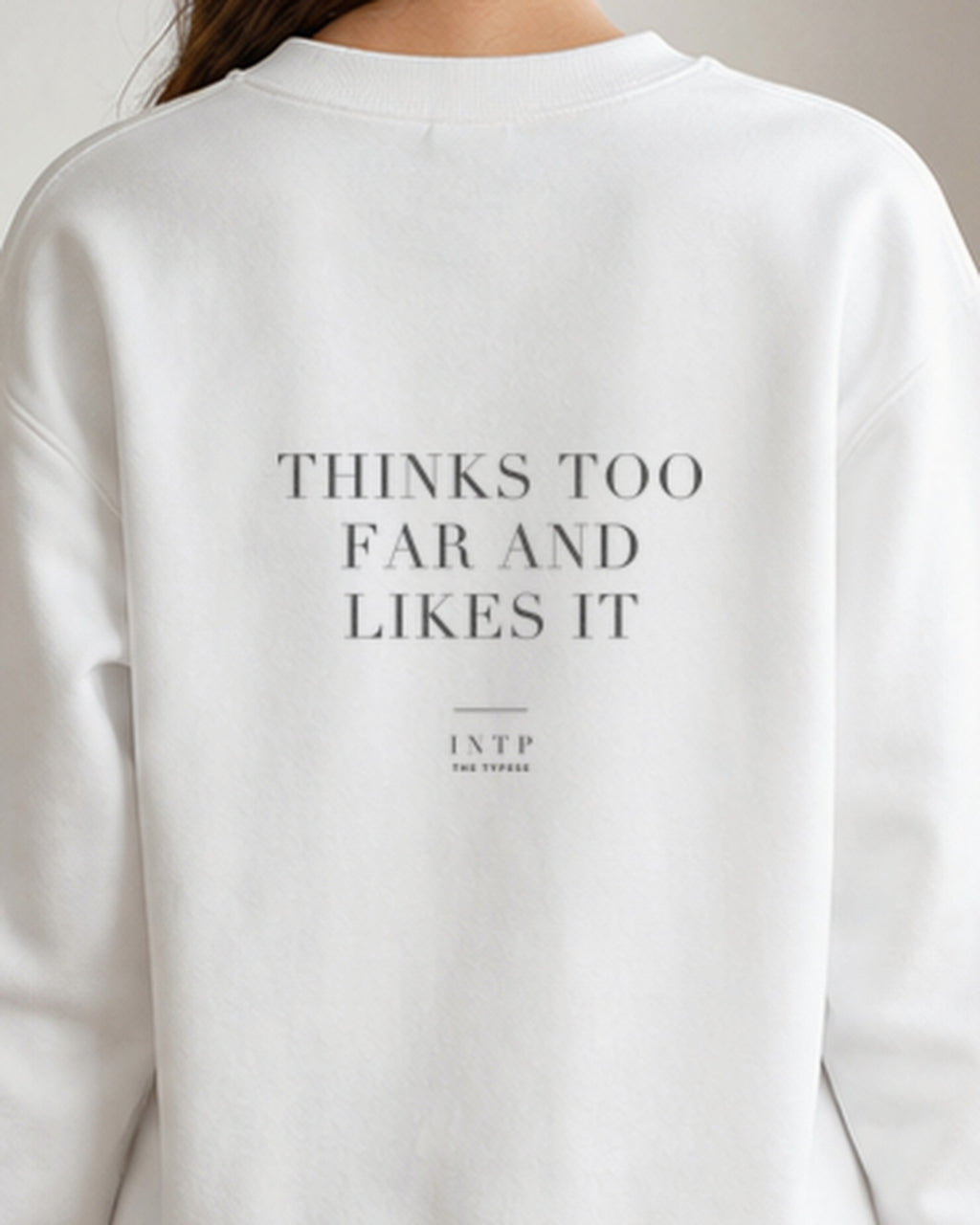 The Typese INTP Gildan crewneck sweatshirt in white, female back detail v7