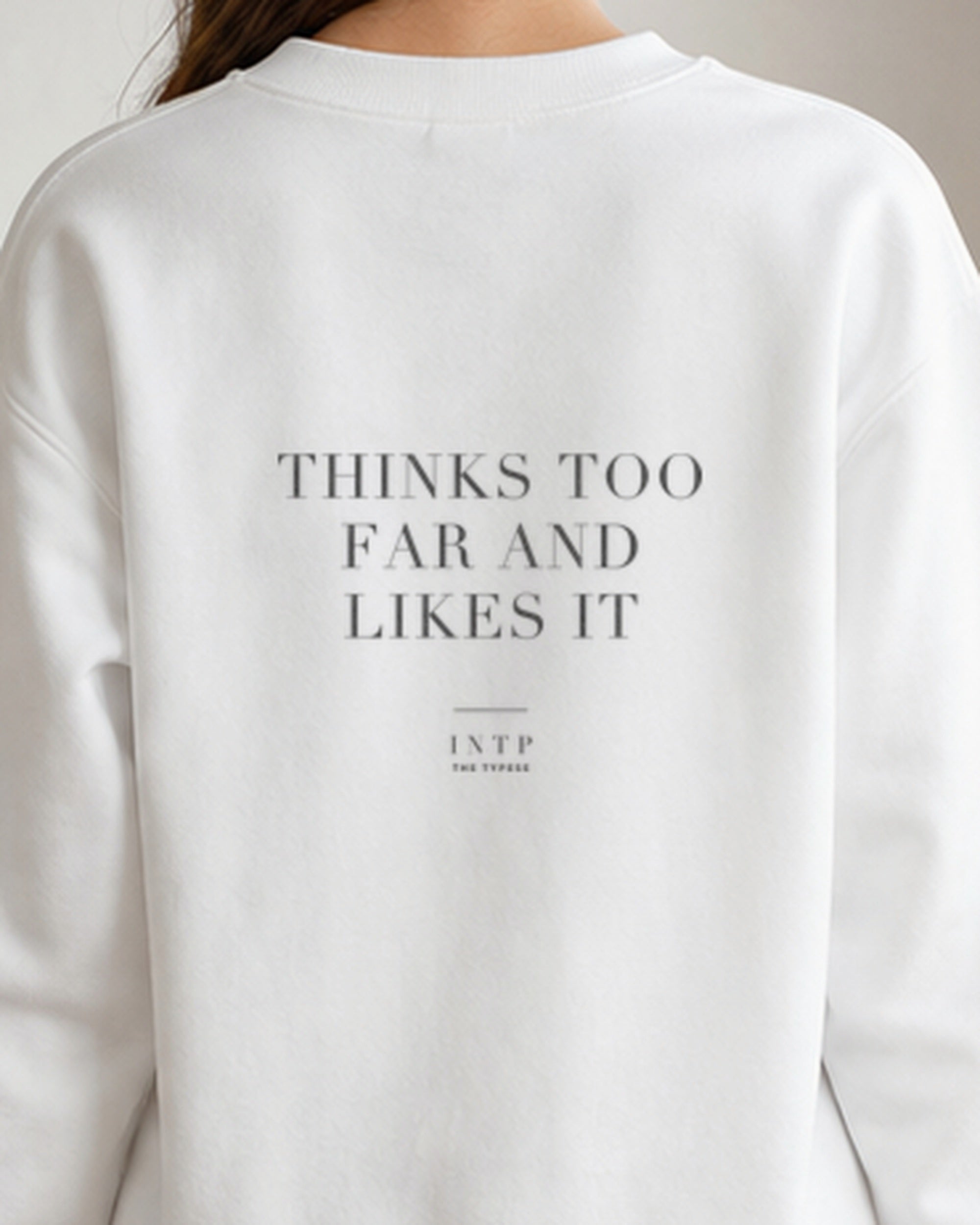 The Typese INTP Gildan crewneck sweatshirt in white, female back detail v7