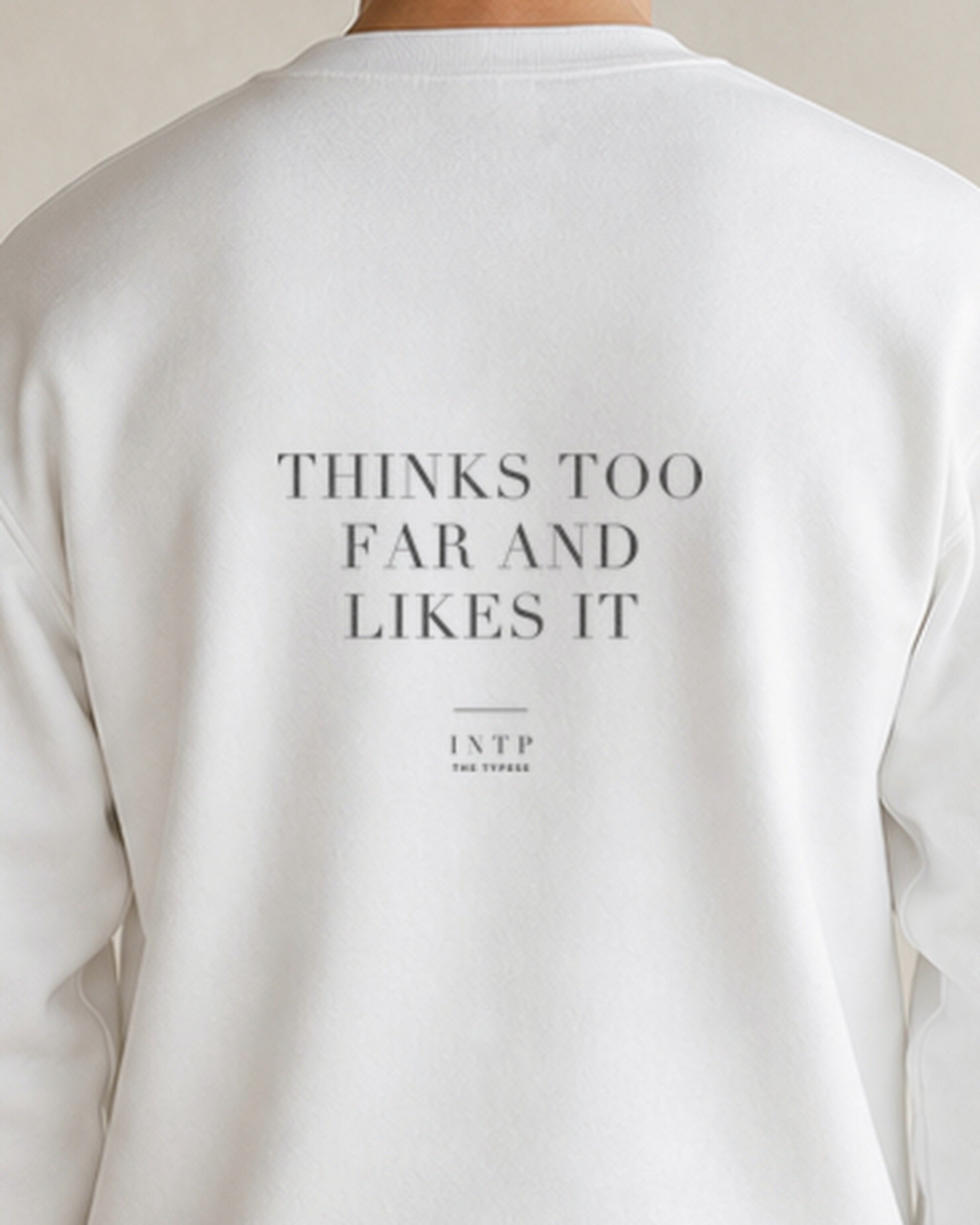 The Typese INTP Gildan crewneck sweatshirt in white, male back detail v7