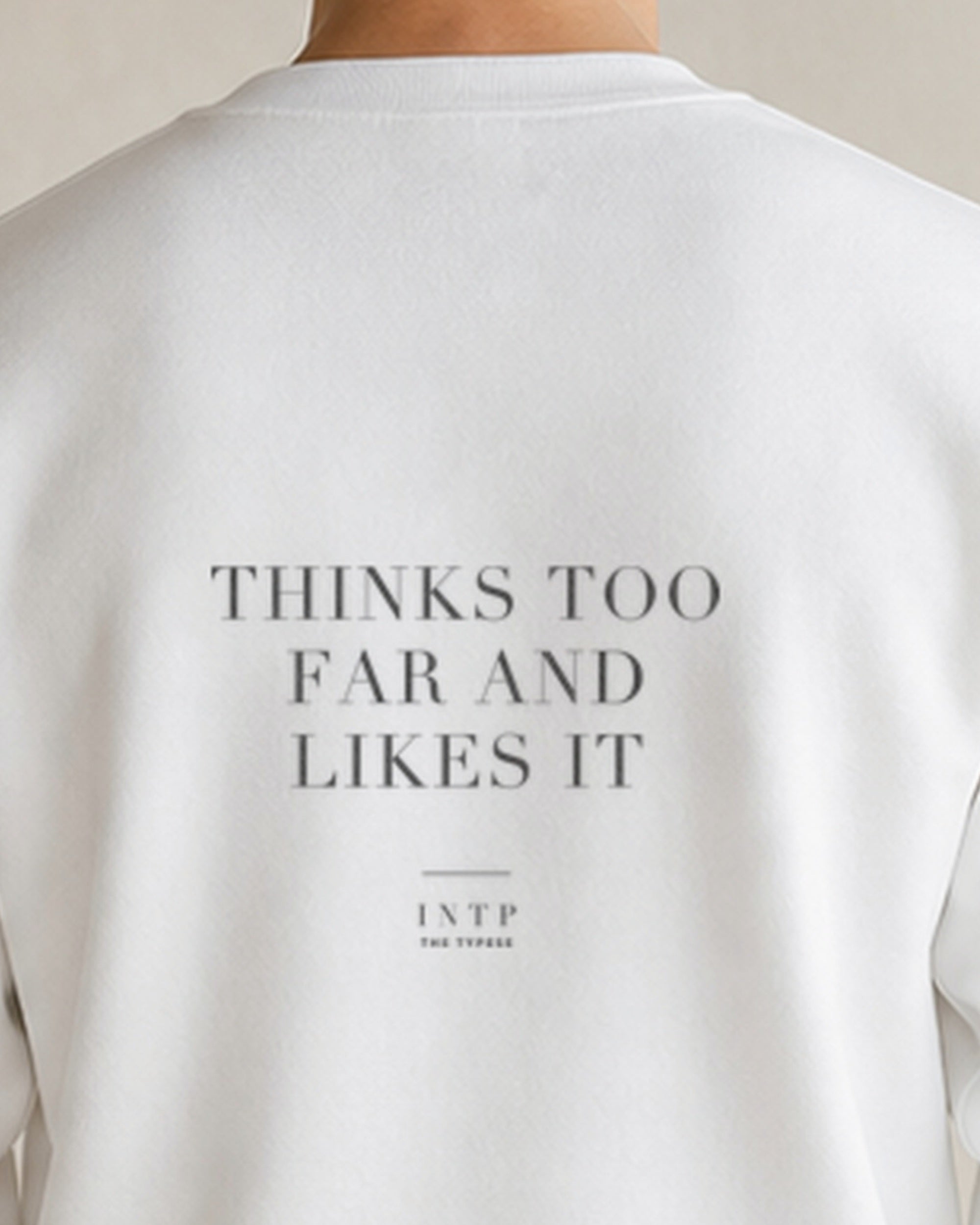 The Typese INTP Gildan crewneck sweatshirt in white, male back neckline print v7