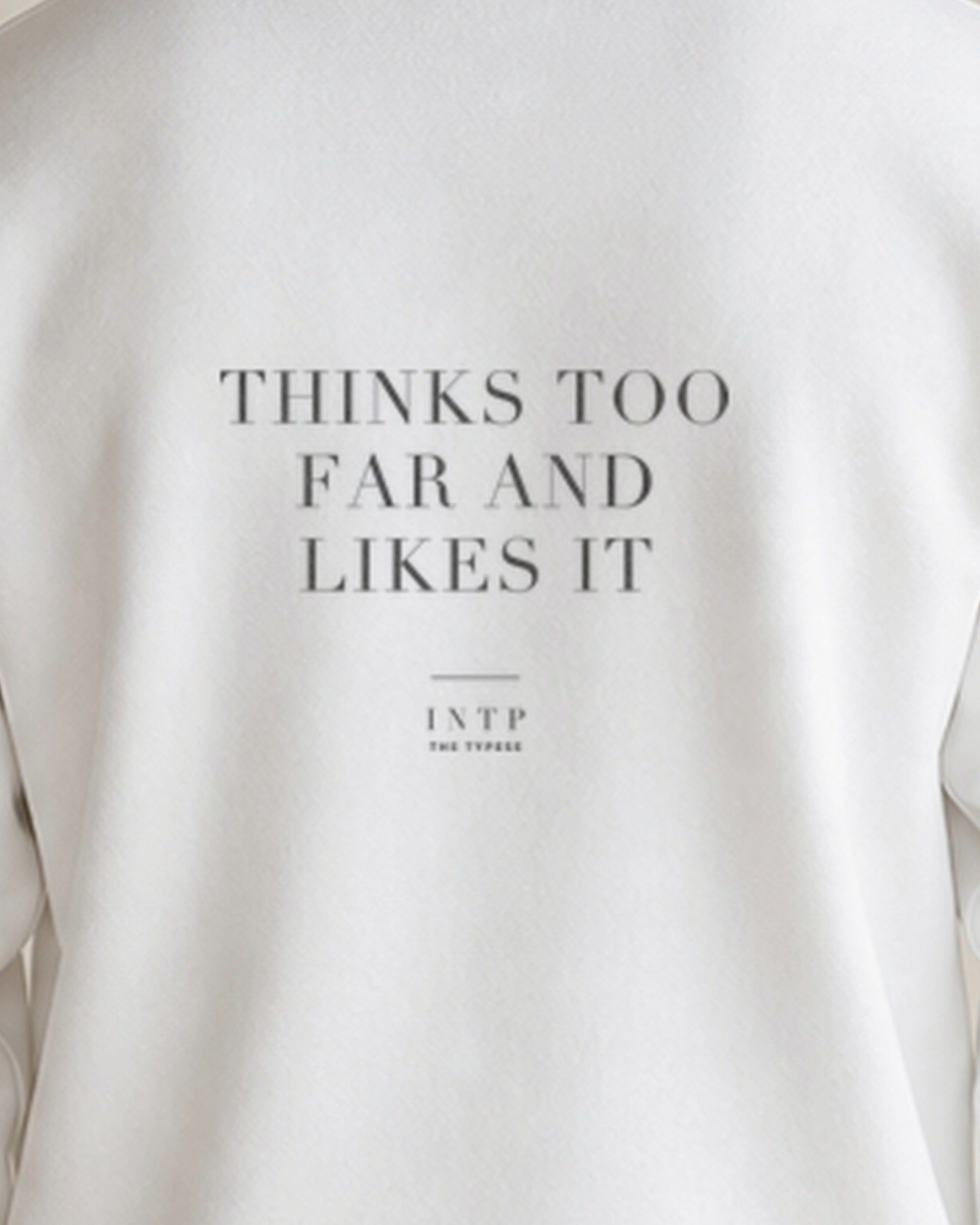The Typese INTP Gildan crewneck sweatshirt in white, male back print close v7