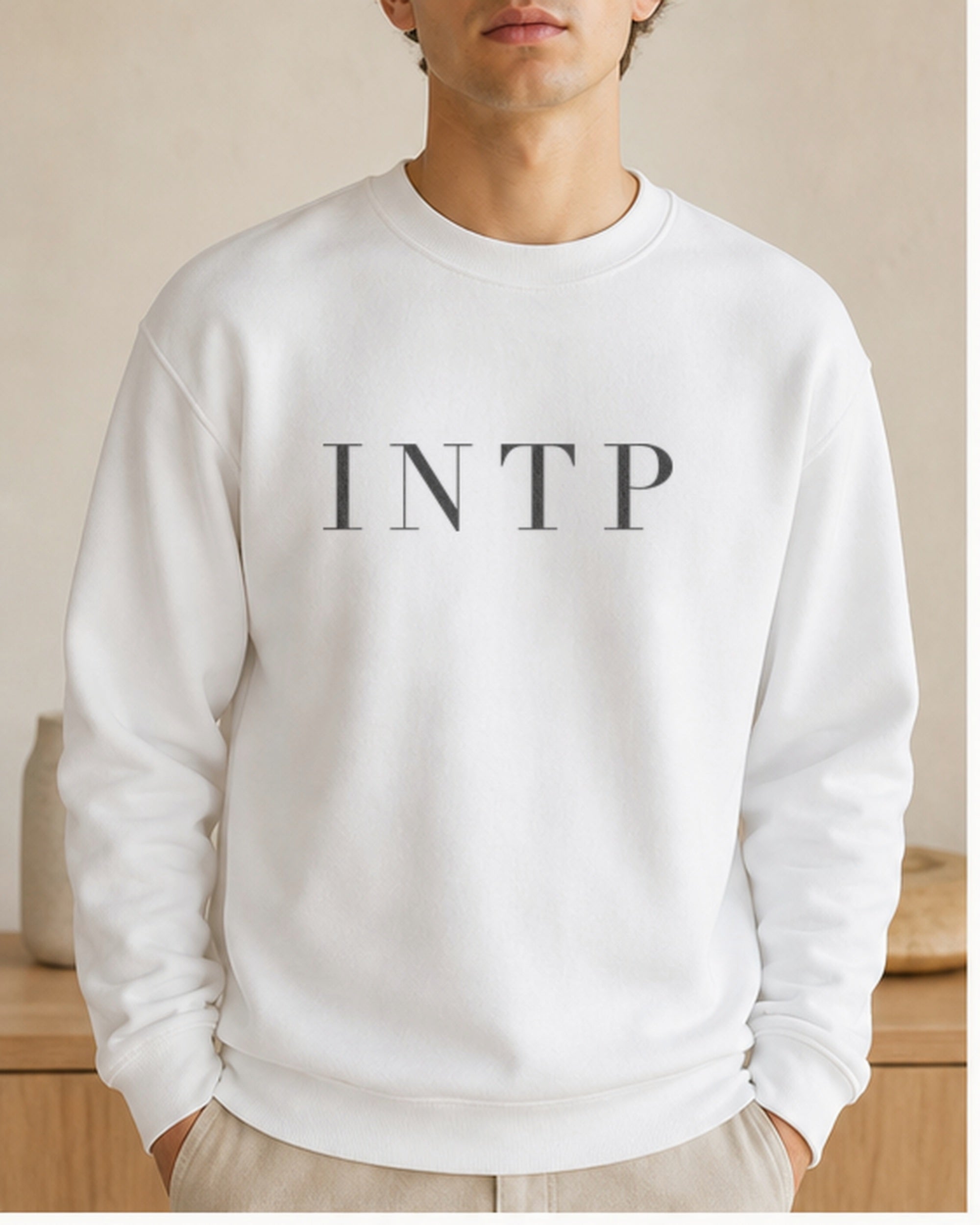 The Typese INTP Gildan crewneck sweatshirt in white, male front v7