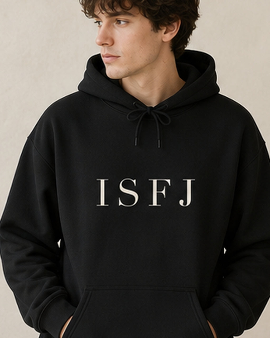 The Typese ISFJ Gildan hoodie in black, male front detail