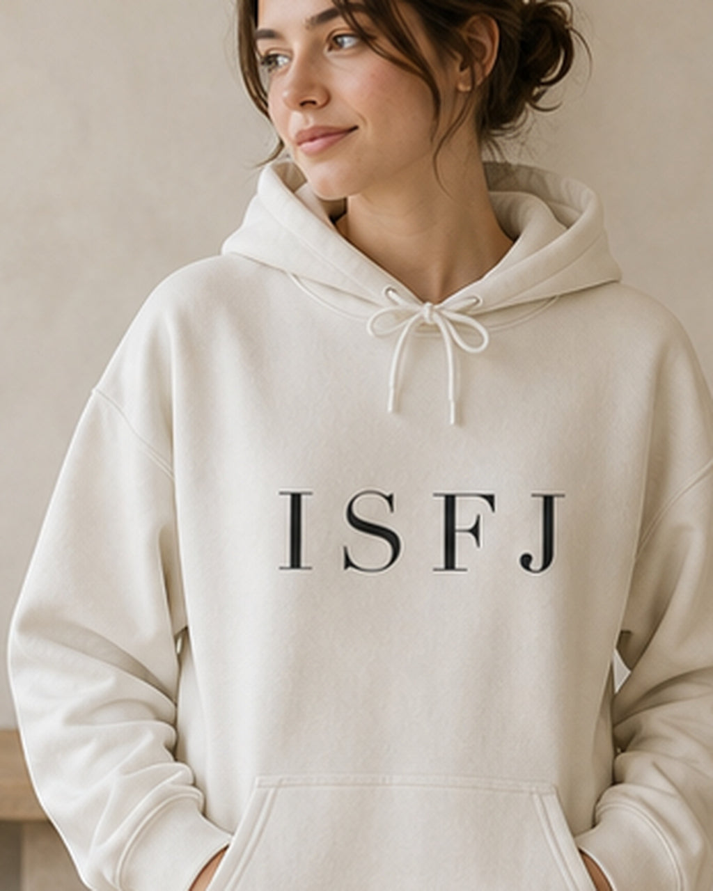 The Typese ISFJ Gildan hoodie in white, female front detail