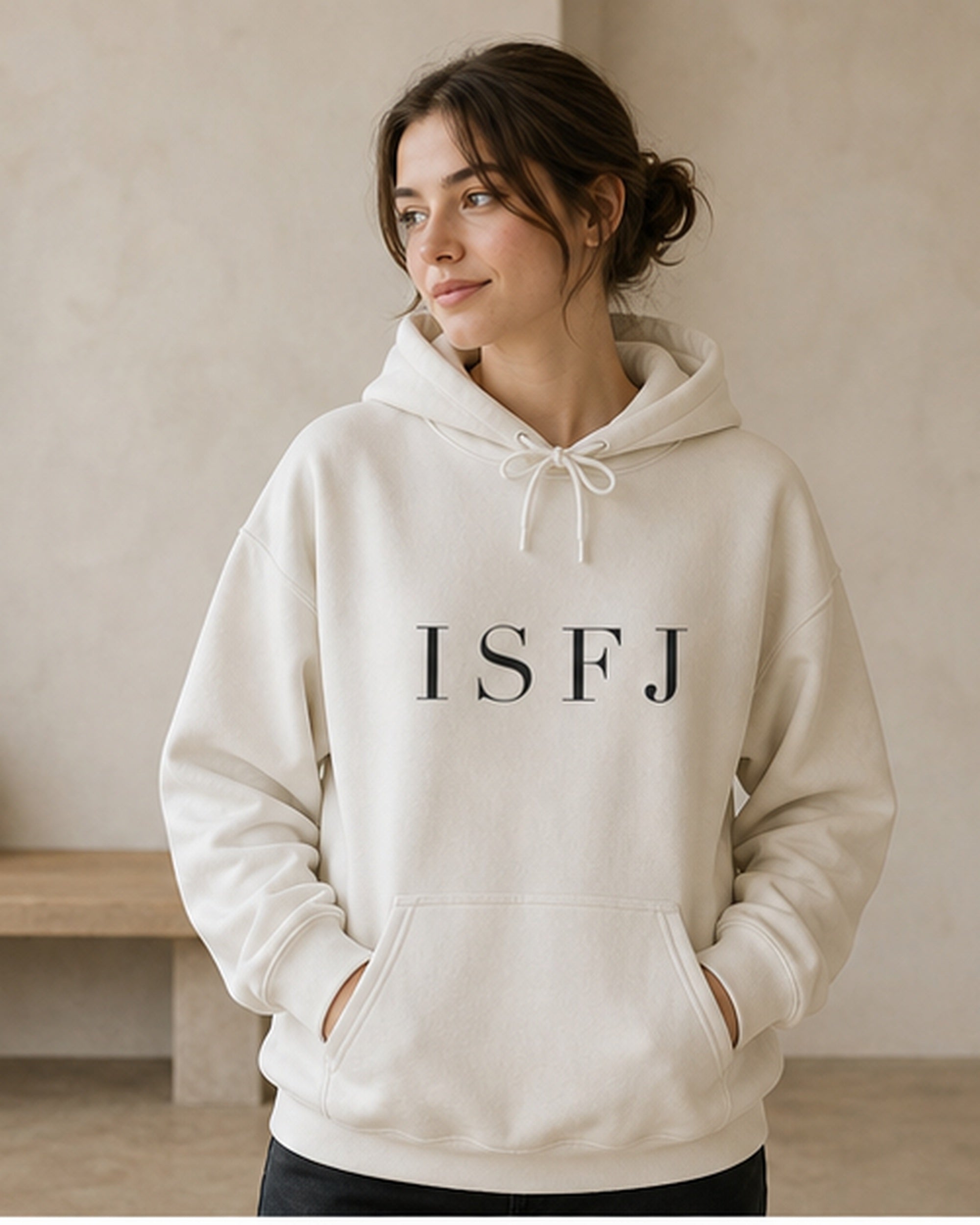The Typese ISFJ Gildan hoodie in white, female front
