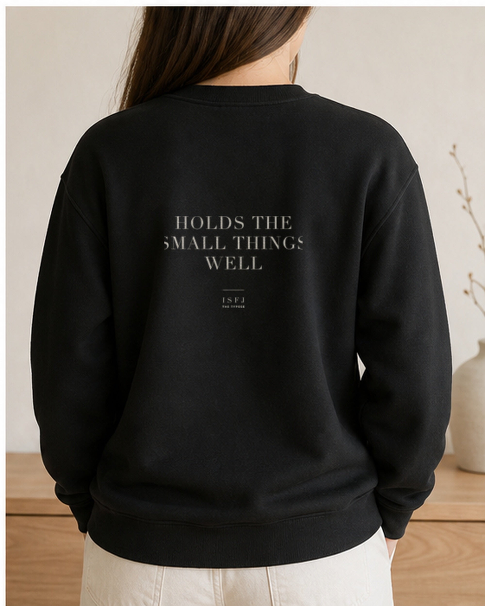 The Typese ISFJ Gildan crewneck sweatshirt in black, female back