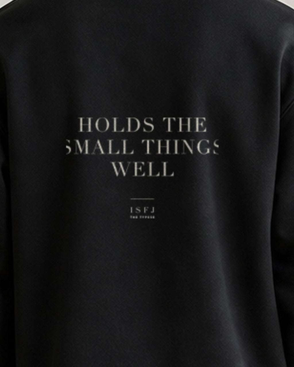 The Typese ISFJ Gildan crewneck sweatshirt in black, male back print close