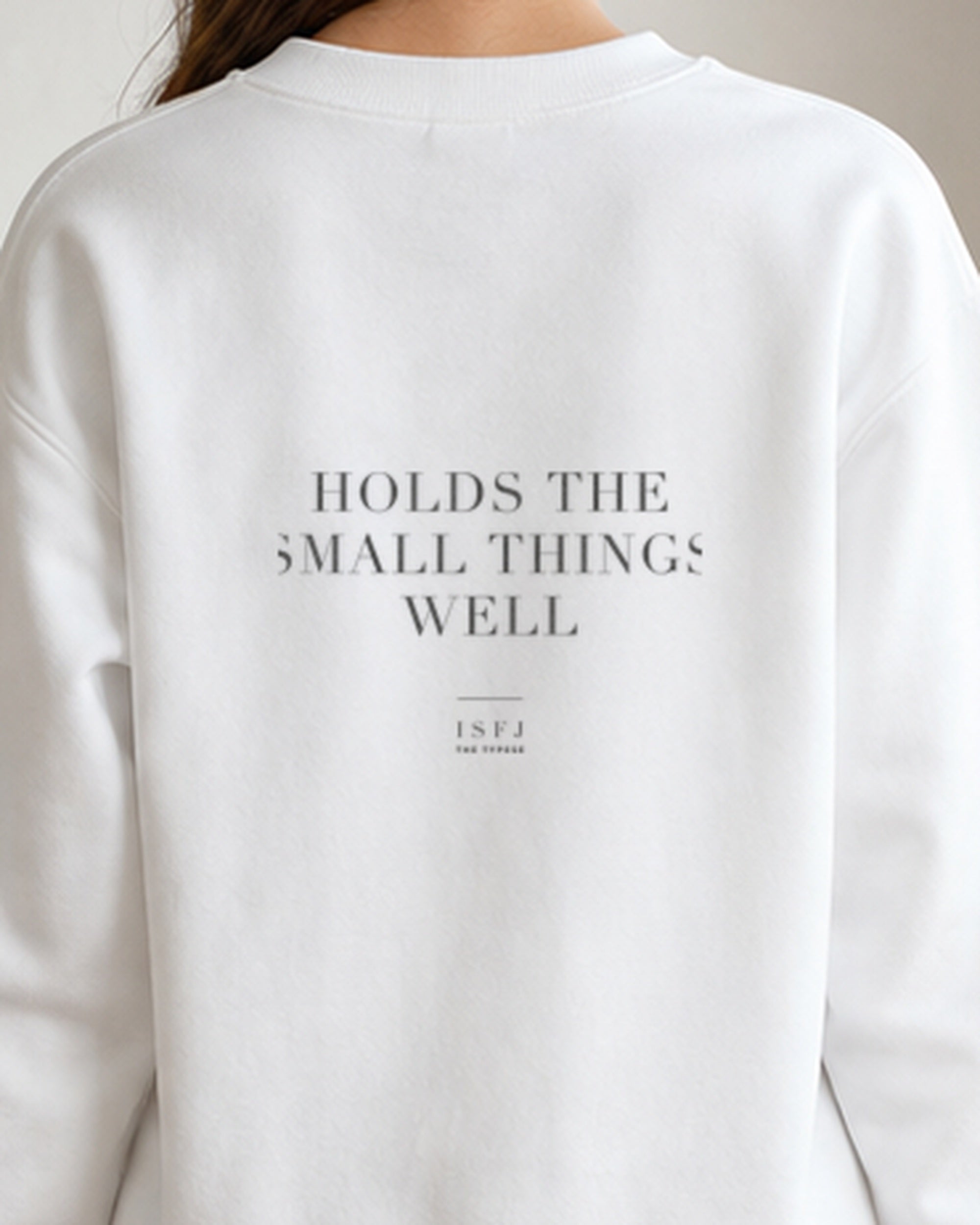 The Typese ISFJ Gildan crewneck sweatshirt in white, female back detail