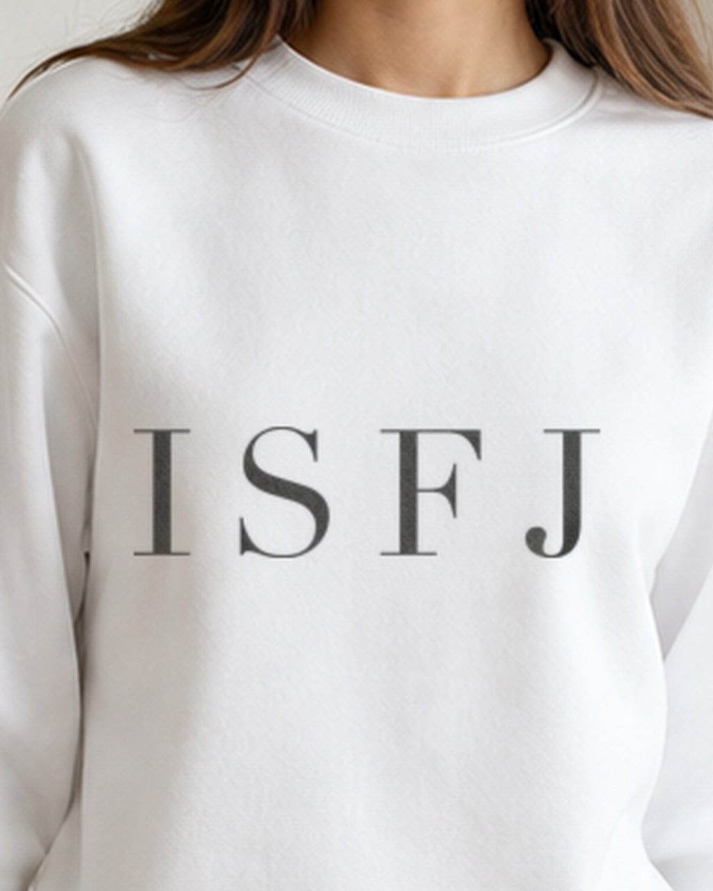 The Typese ISFJ Gildan crewneck sweatshirt in white, female front neckline fabric