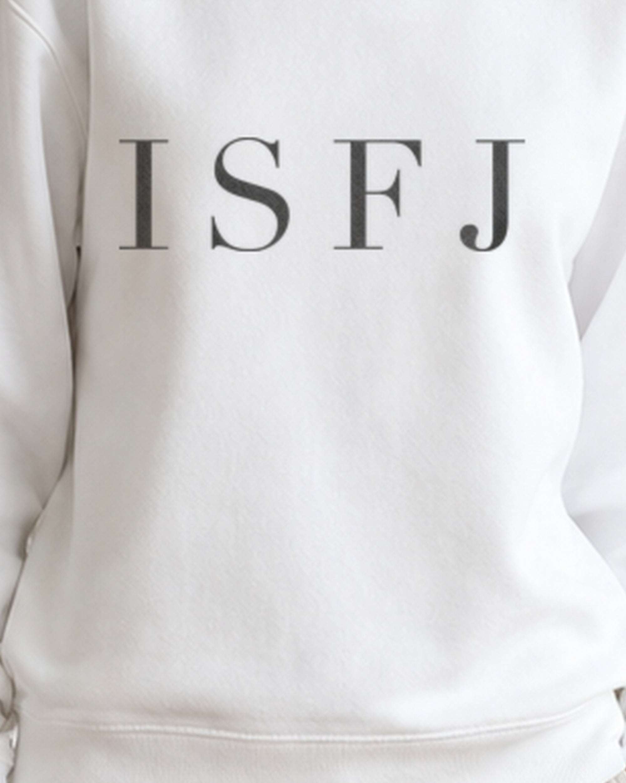 The Typese ISFJ Gildan crewneck sweatshirt in white, female front print close