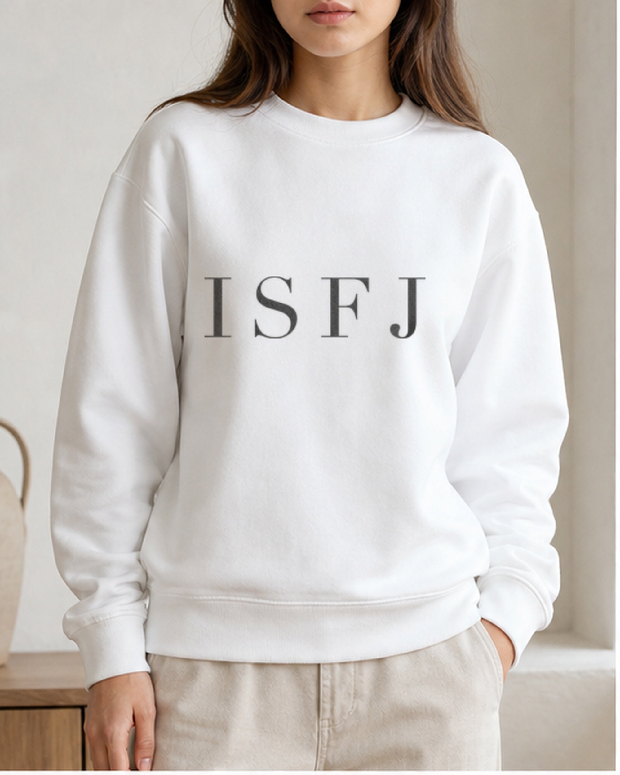 The Typese ISFJ Gildan crewneck sweatshirt in white, female front