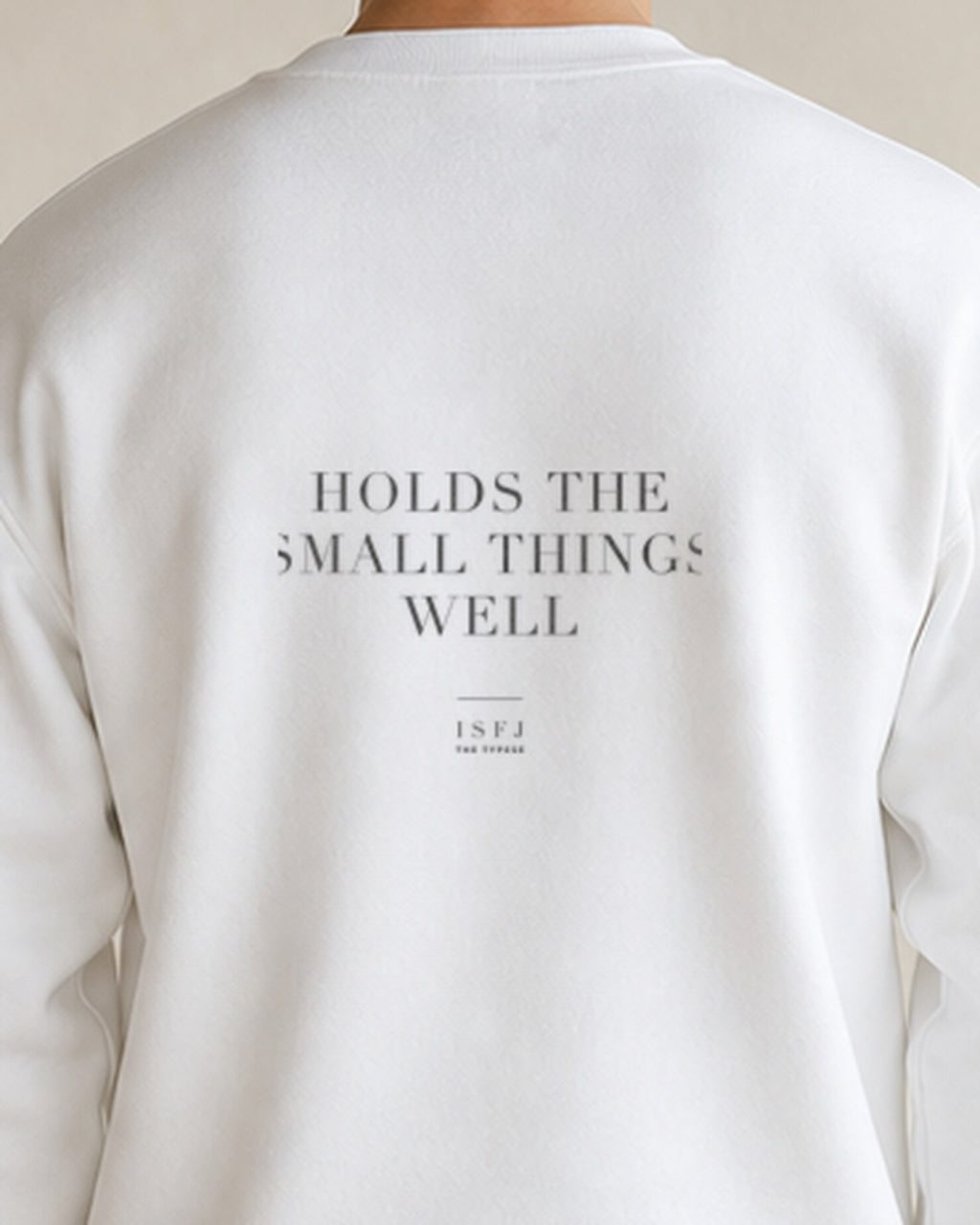 The Typese ISFJ Gildan crewneck sweatshirt in white, male back detail