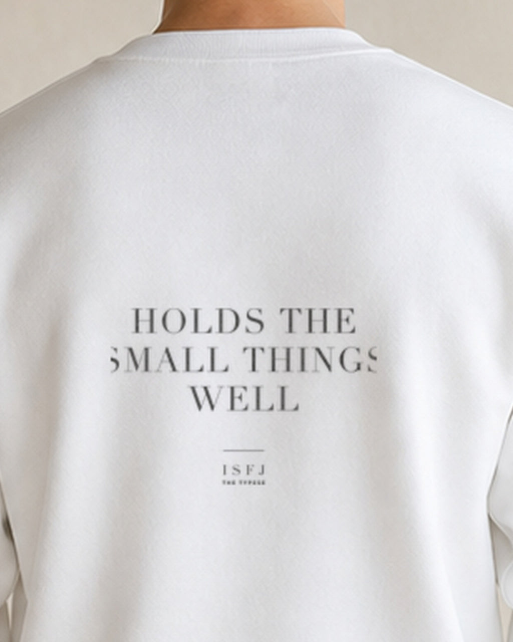 The Typese ISFJ Gildan crewneck sweatshirt in white, male back neckline print