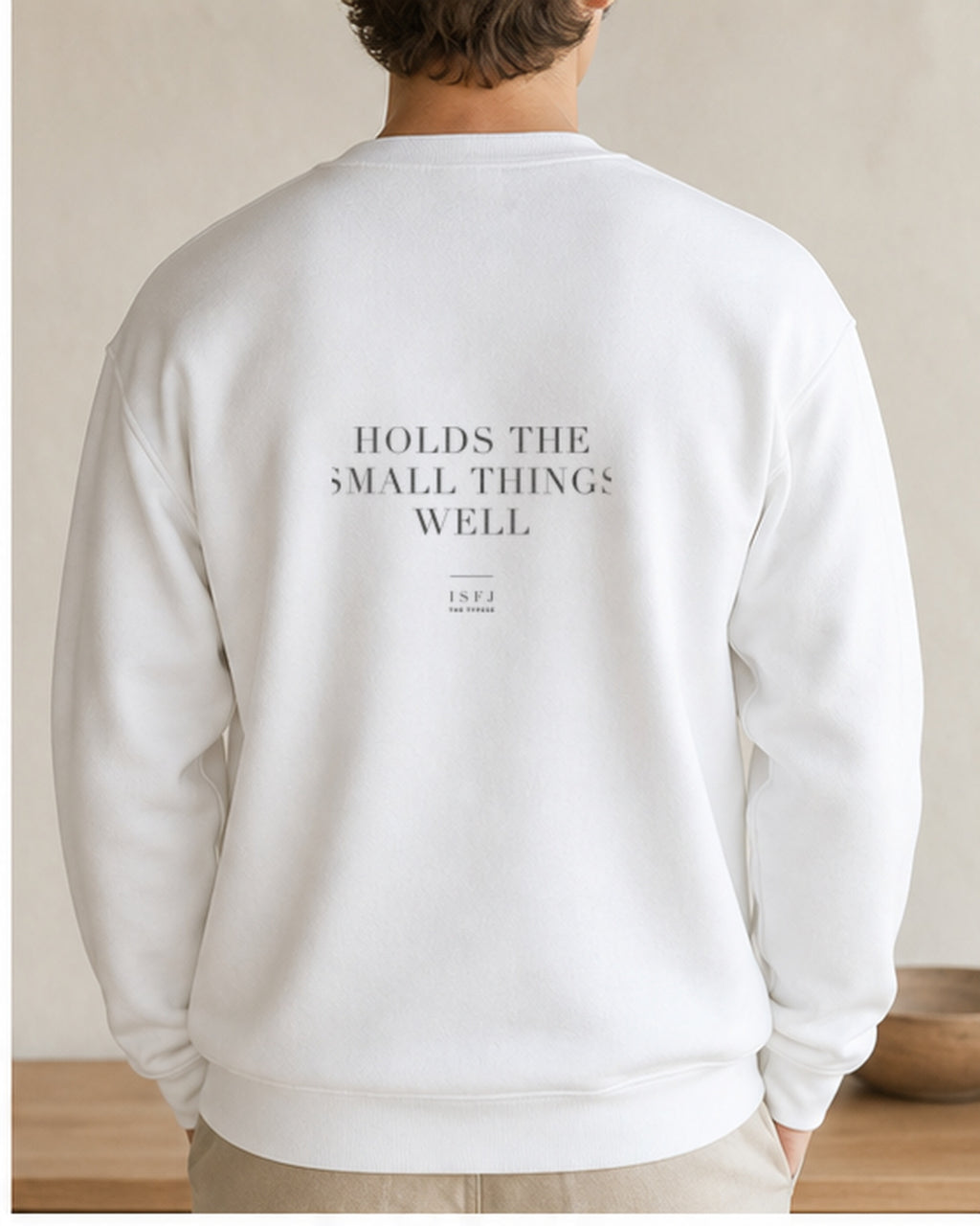 The Typese ISFJ Gildan crewneck sweatshirt in white, male back