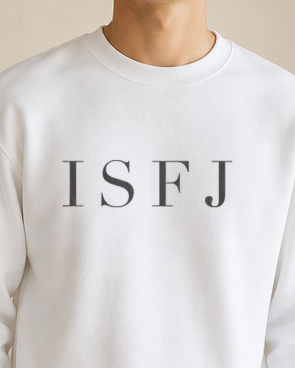 The Typese ISFJ Gildan crewneck sweatshirt in white, male front detail