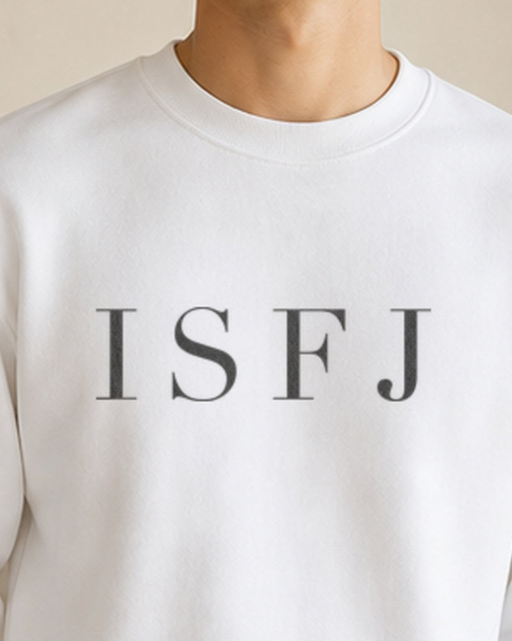 The Typese ISFJ Gildan crewneck sweatshirt in white, male front neckline fabric