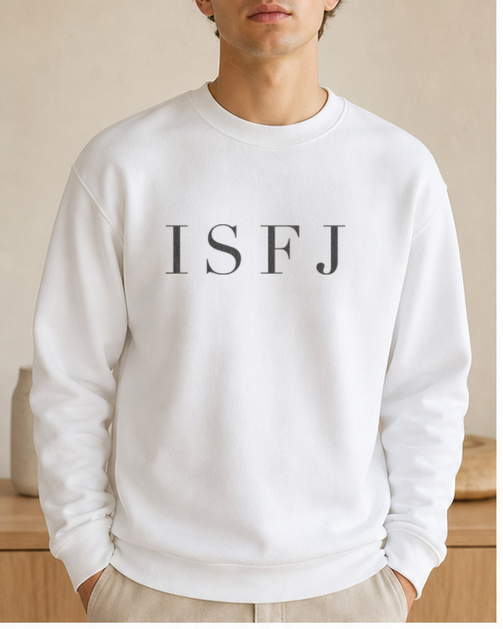 The Typese ISFJ Gildan crewneck sweatshirt in white, male front