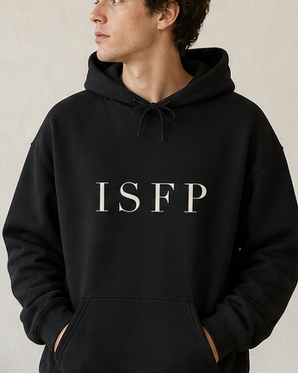 The Typese ISFP Gildan hoodie in black, male front detail