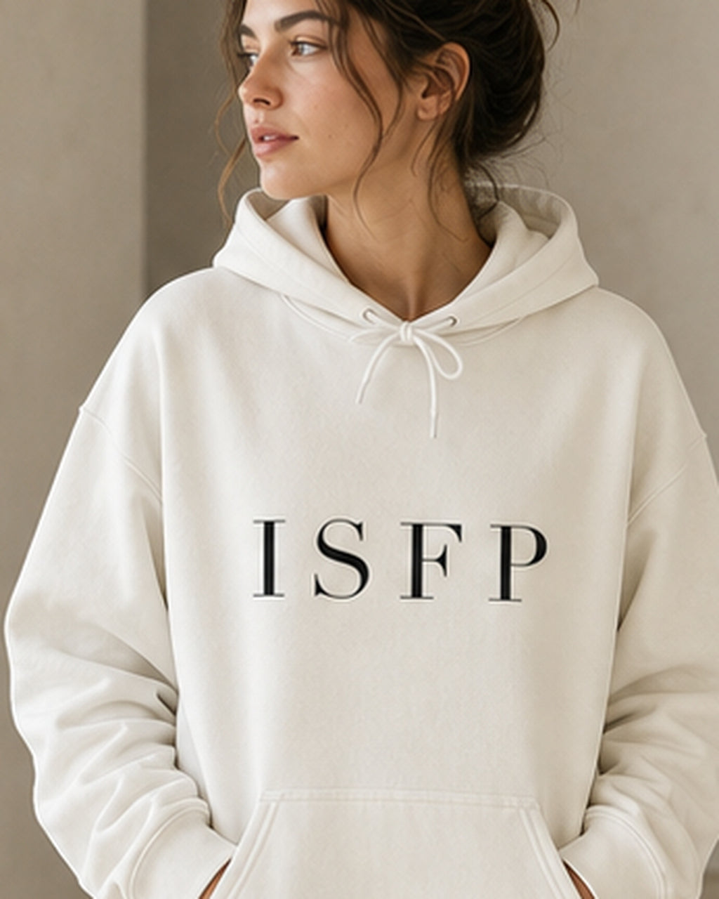 The Typese ISFP Gildan hoodie in white, female front detail
