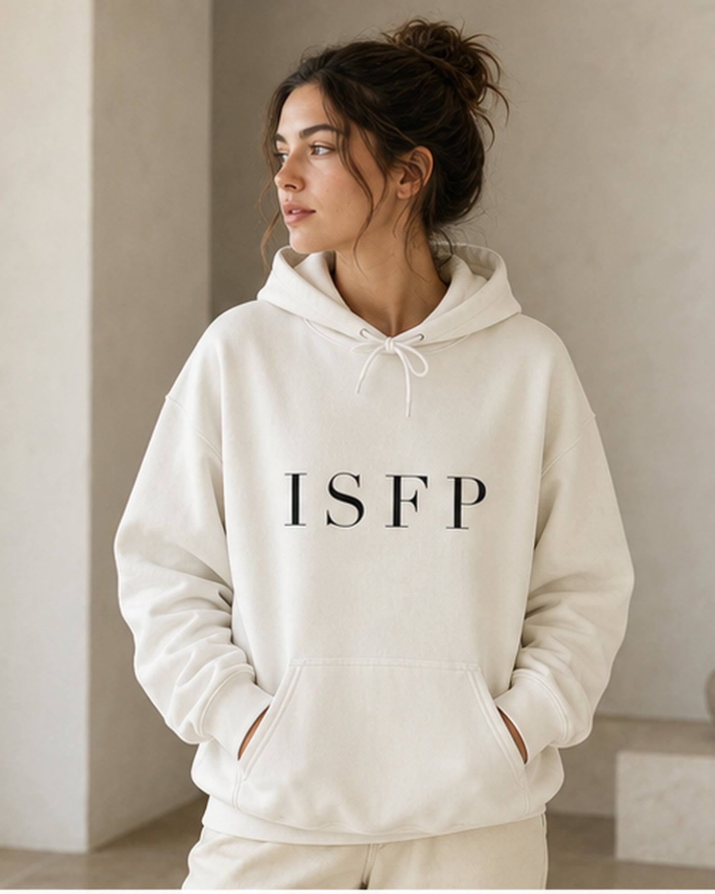 The Typese ISFP Gildan hoodie in white, female front