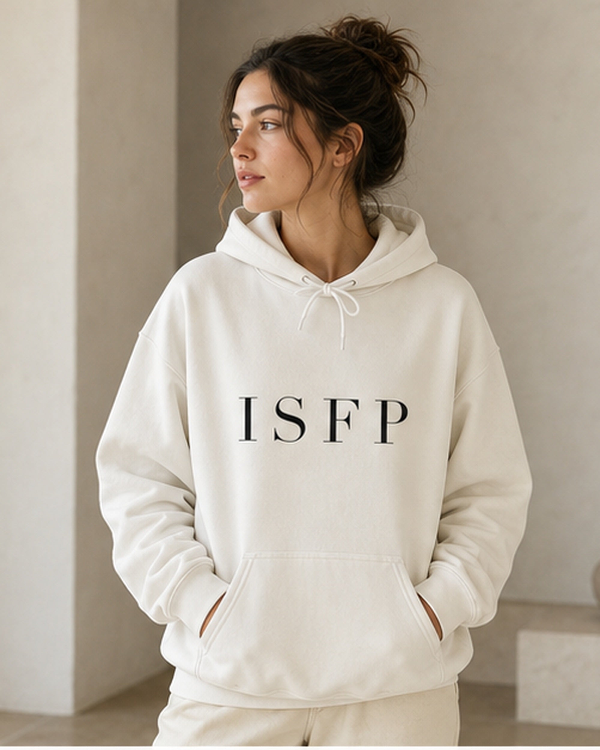 The Typese ISFP Gildan hoodie in white, female front