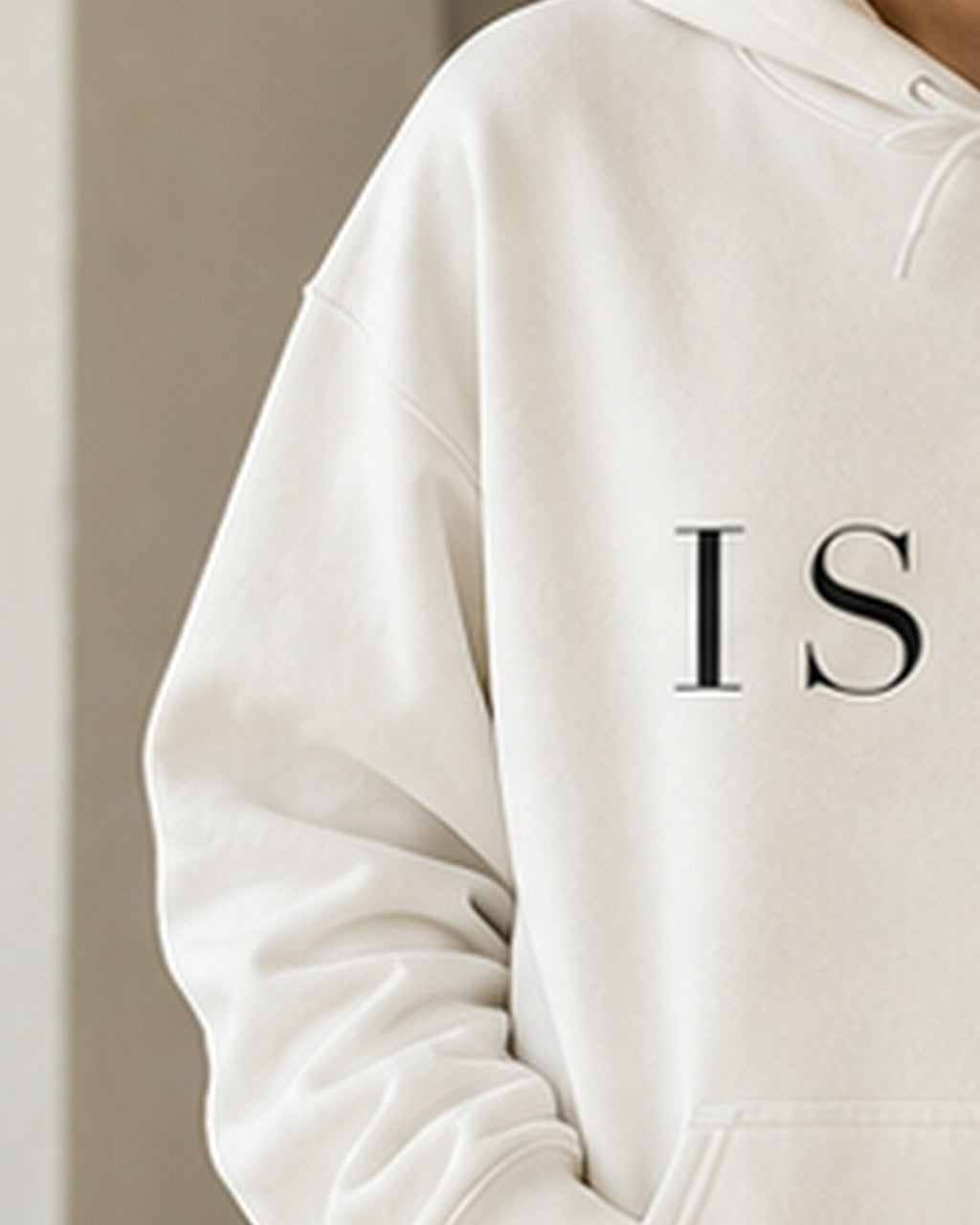 The Typese ISFP Gildan hoodie in white, sleeve detail