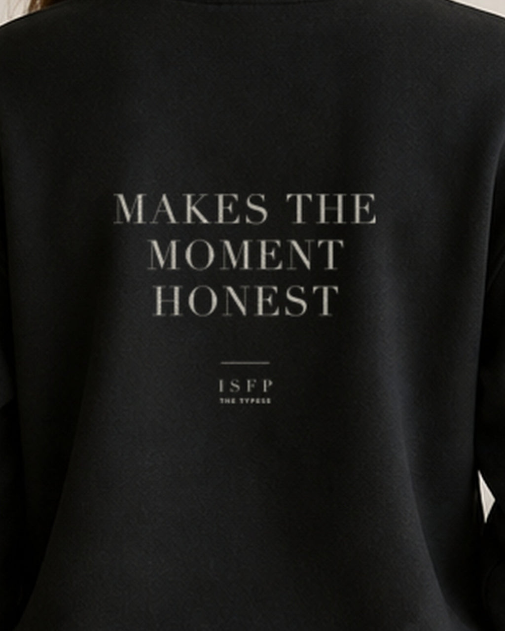 The Typese ISFP Gildan crewneck sweatshirt in black, female back print close