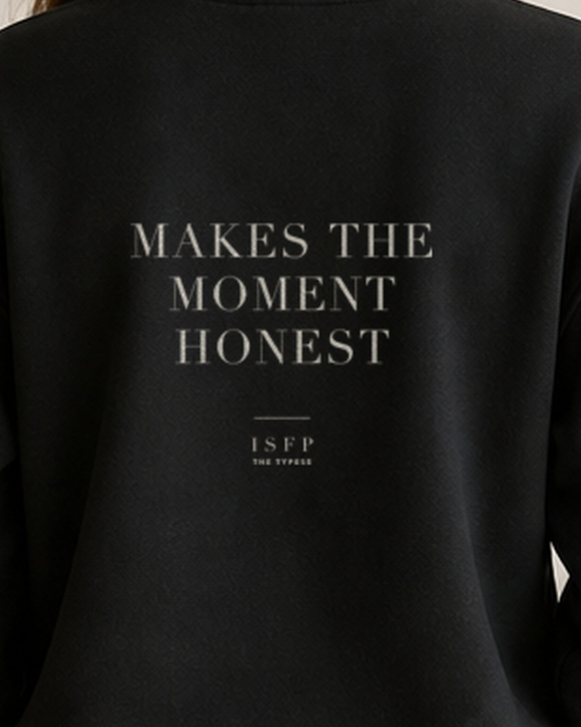 The Typese ISFP Gildan crewneck sweatshirt in black, female back print close