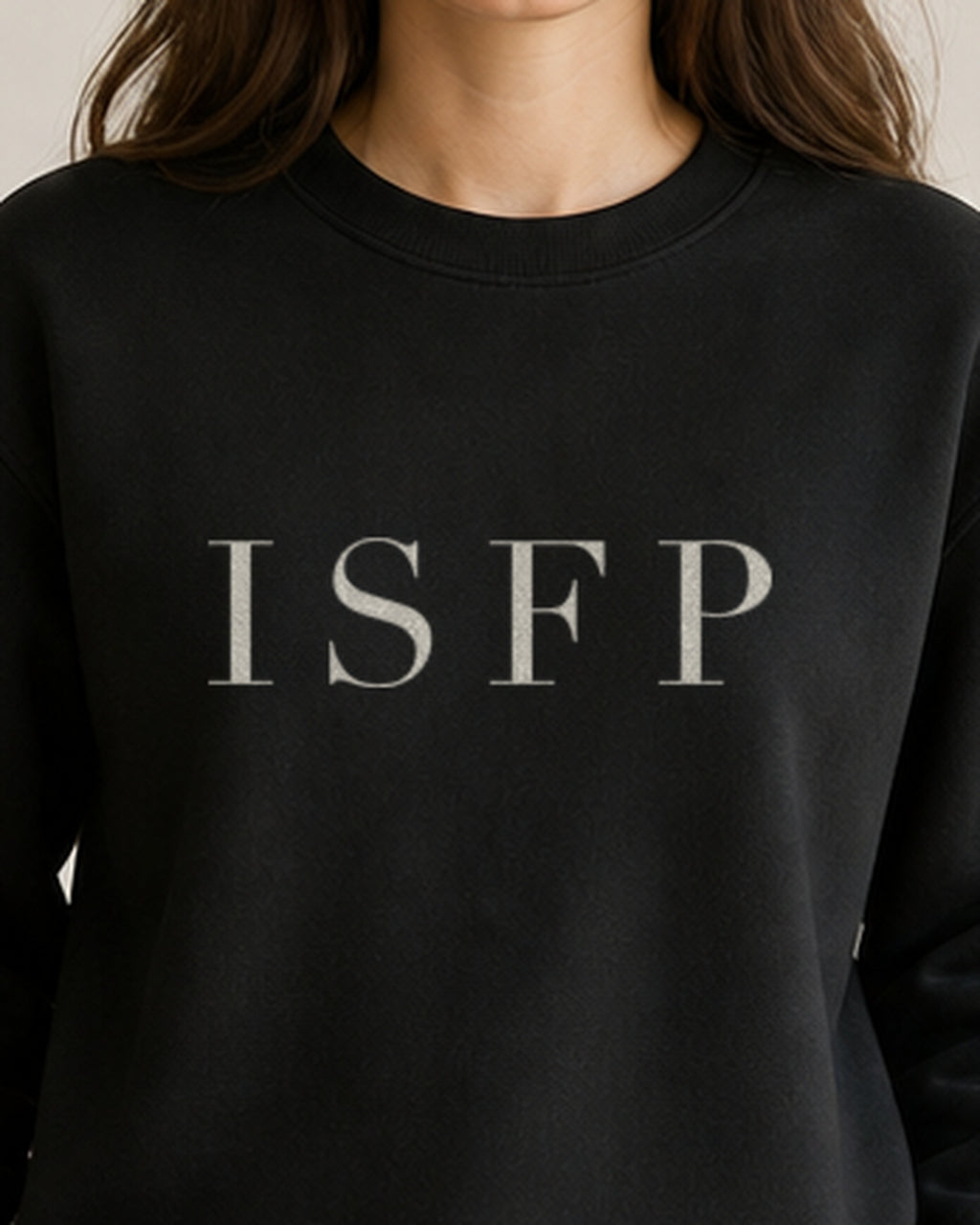 The Typese ISFP Gildan crewneck sweatshirt in black, female front detail