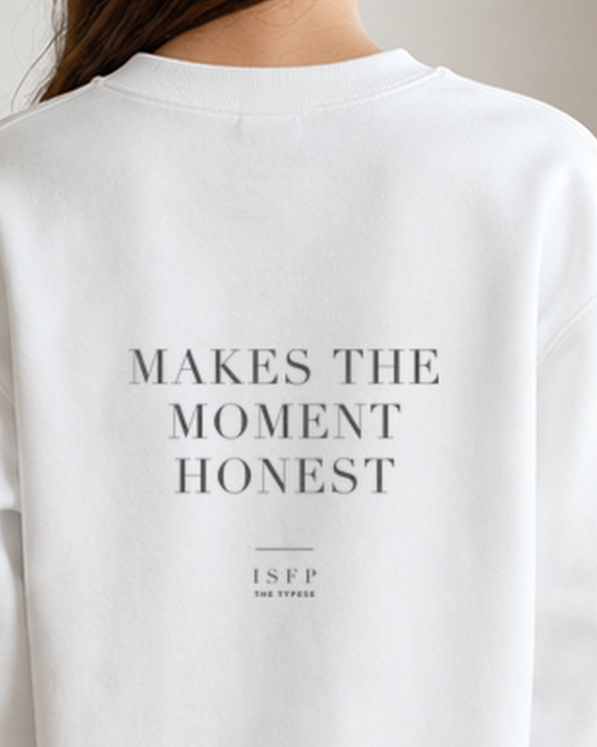 The Typese ISFP Gildan crewneck sweatshirt in white, female back neckline print