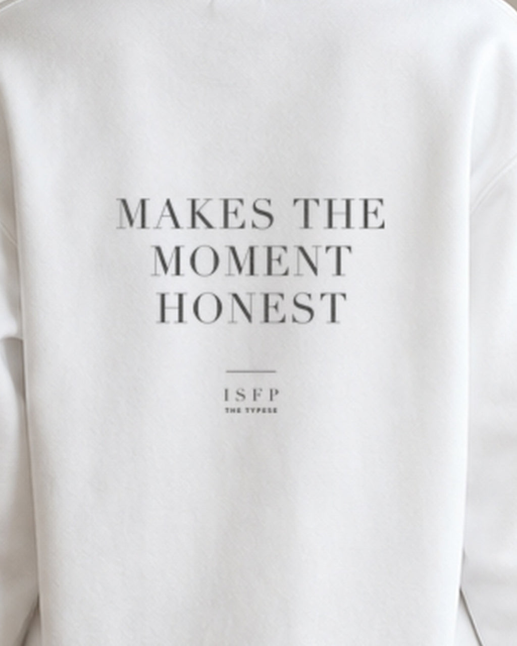 The Typese ISFP Gildan crewneck sweatshirt in white, female back print close