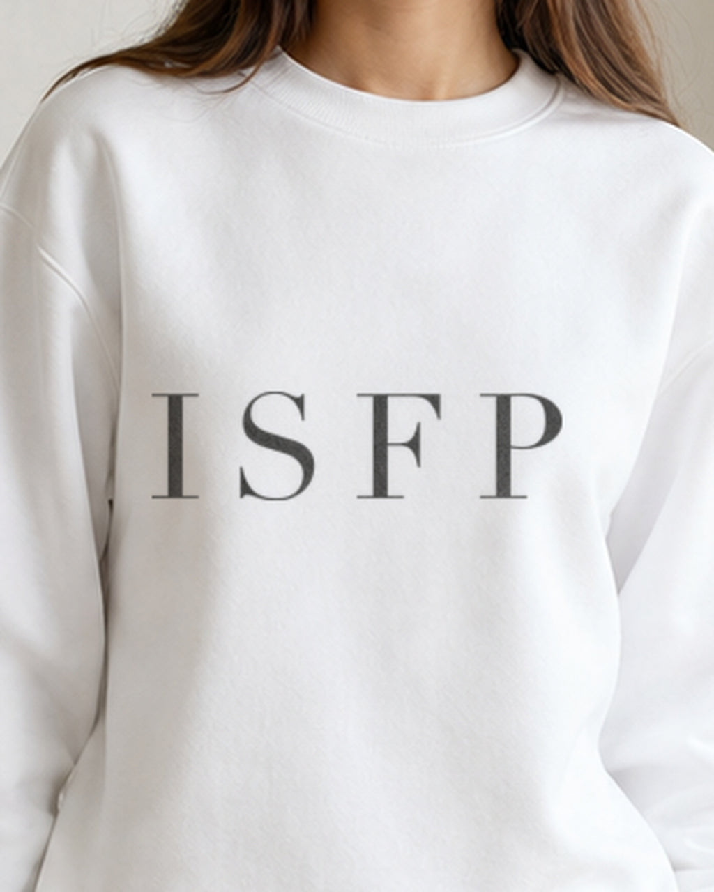 The Typese ISFP Gildan crewneck sweatshirt in white, female front detail
