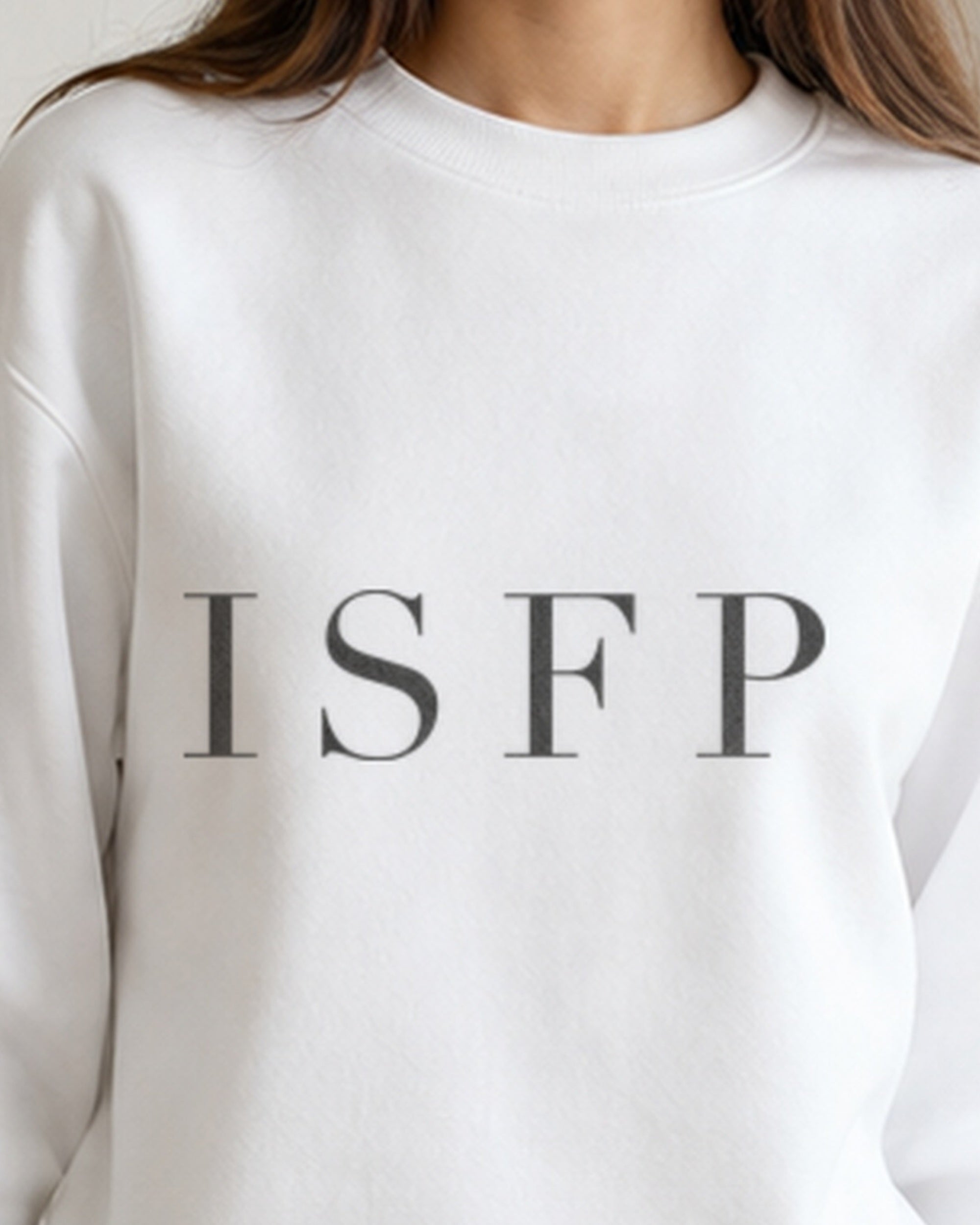 The Typese ISFP Gildan crewneck sweatshirt in white, female front neckline fabric