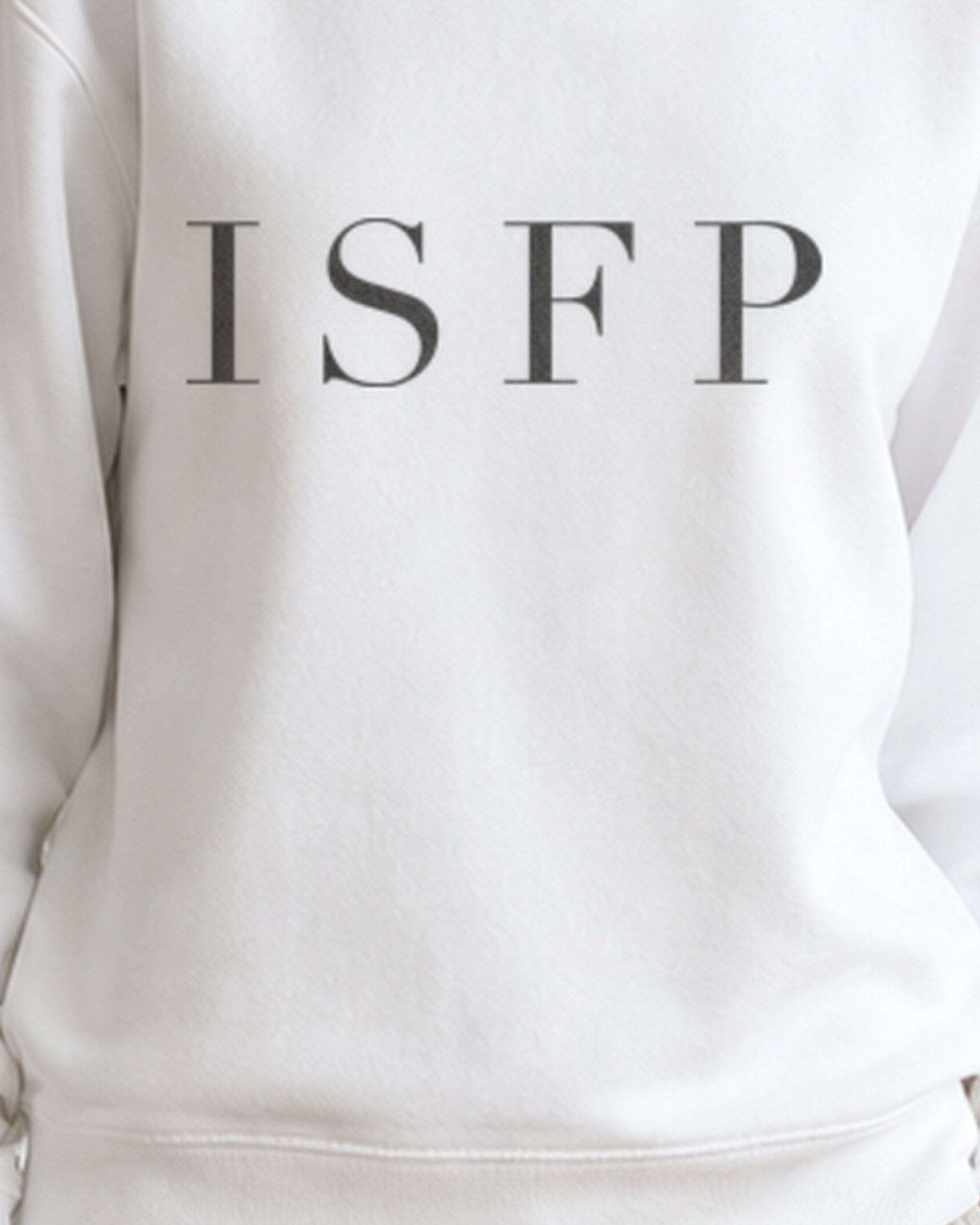 The Typese ISFP Gildan crewneck sweatshirt in white, female front print close