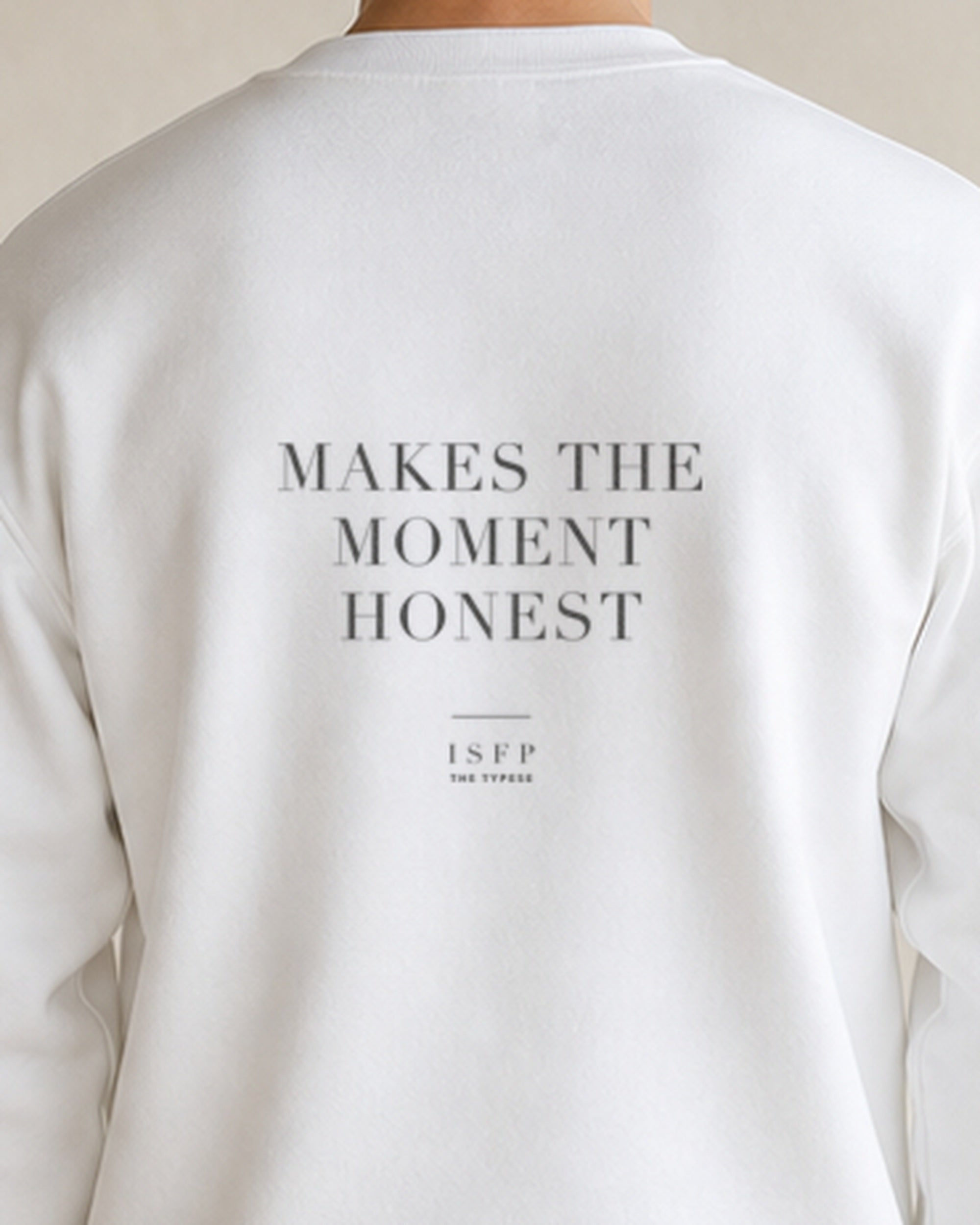 The Typese ISFP Gildan crewneck sweatshirt in white, male back detail