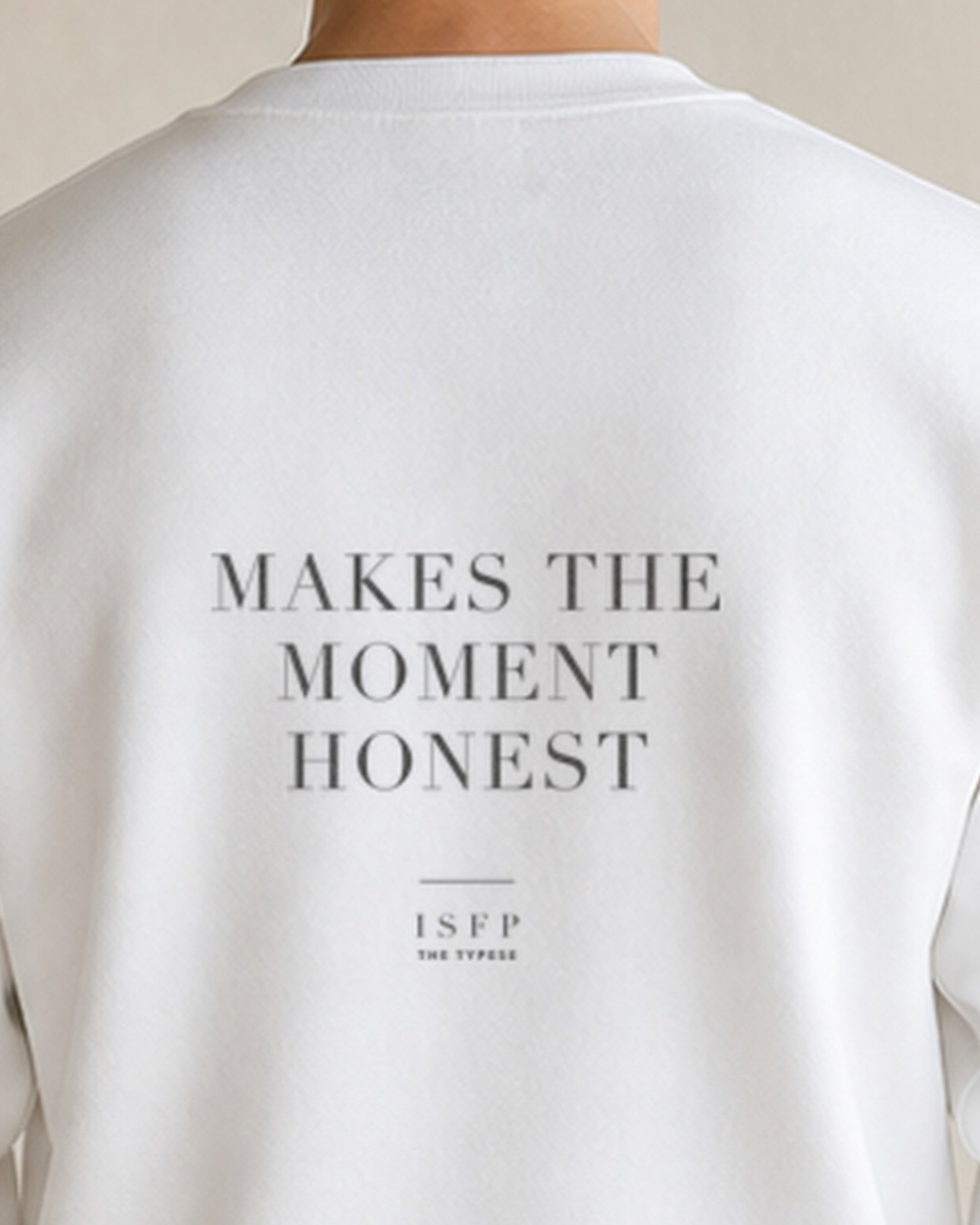 The Typese ISFP Gildan crewneck sweatshirt in white, male back neckline print