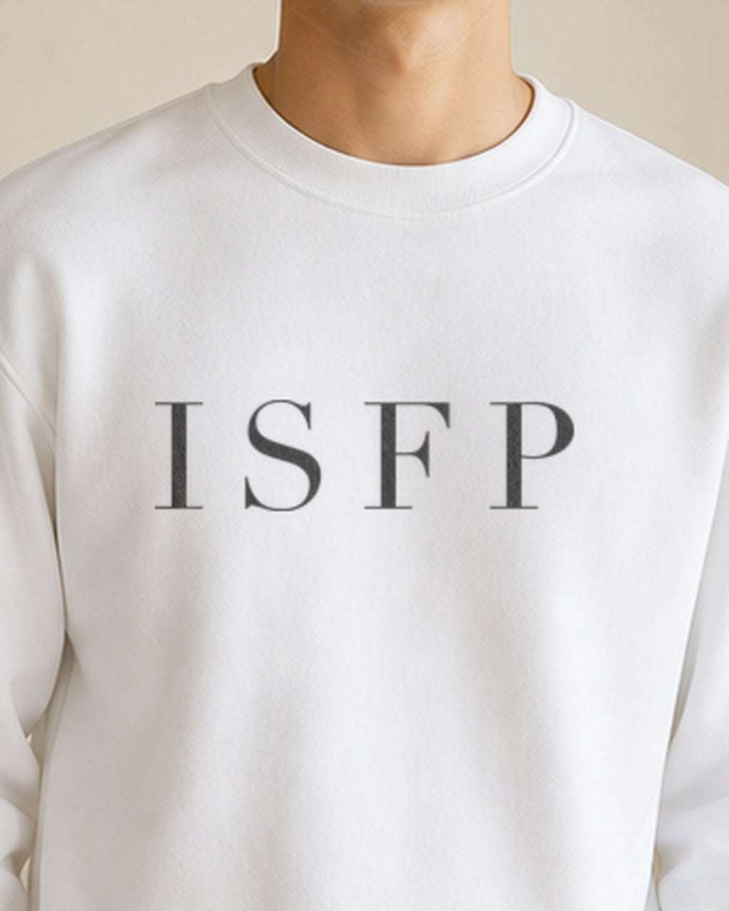 The Typese ISFP Gildan crewneck sweatshirt in white, male front detail